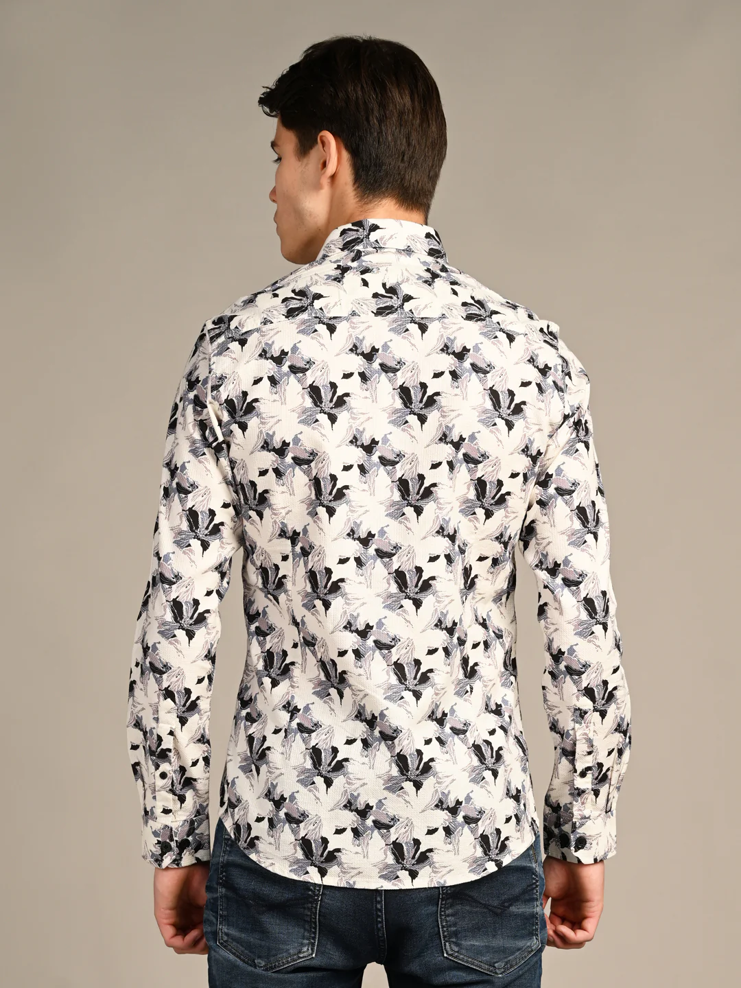 Full sleeves Slim Fit Cream All-Over Floral Dobby Textured Print Shirt - Image 7