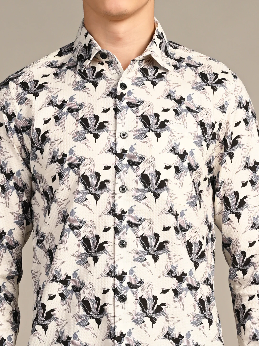 Full sleeves Slim Fit Cream All-Over Floral Dobby Textured Print Shirt - Image 8