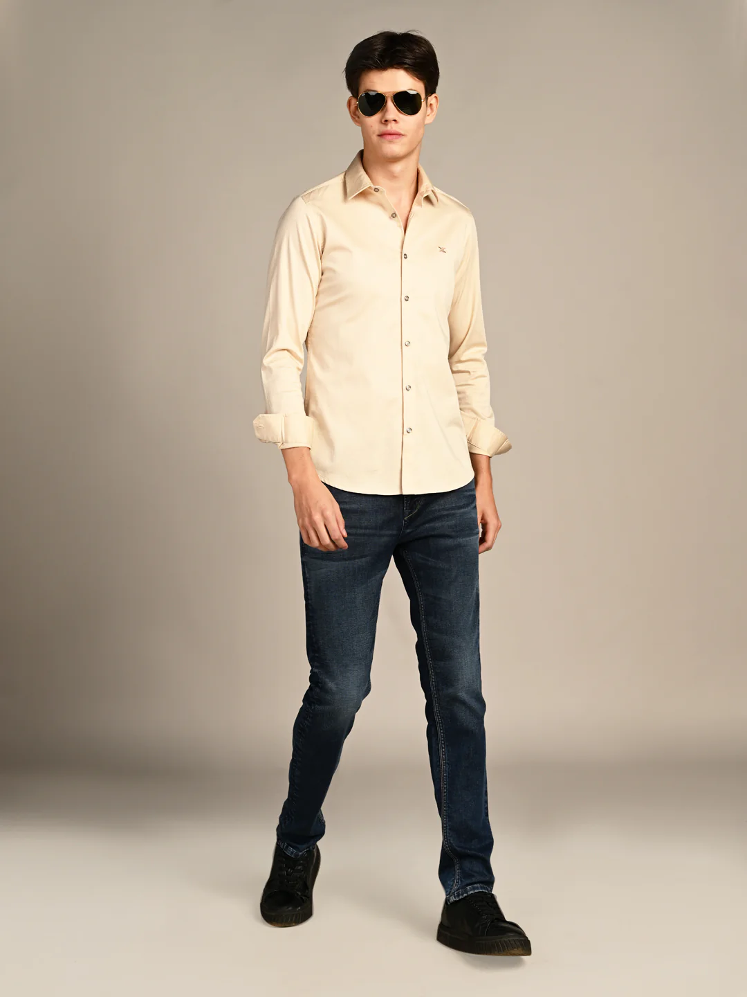Full sleeves Slim Fit Cream Premium Satin Solid Shirt - Image 3