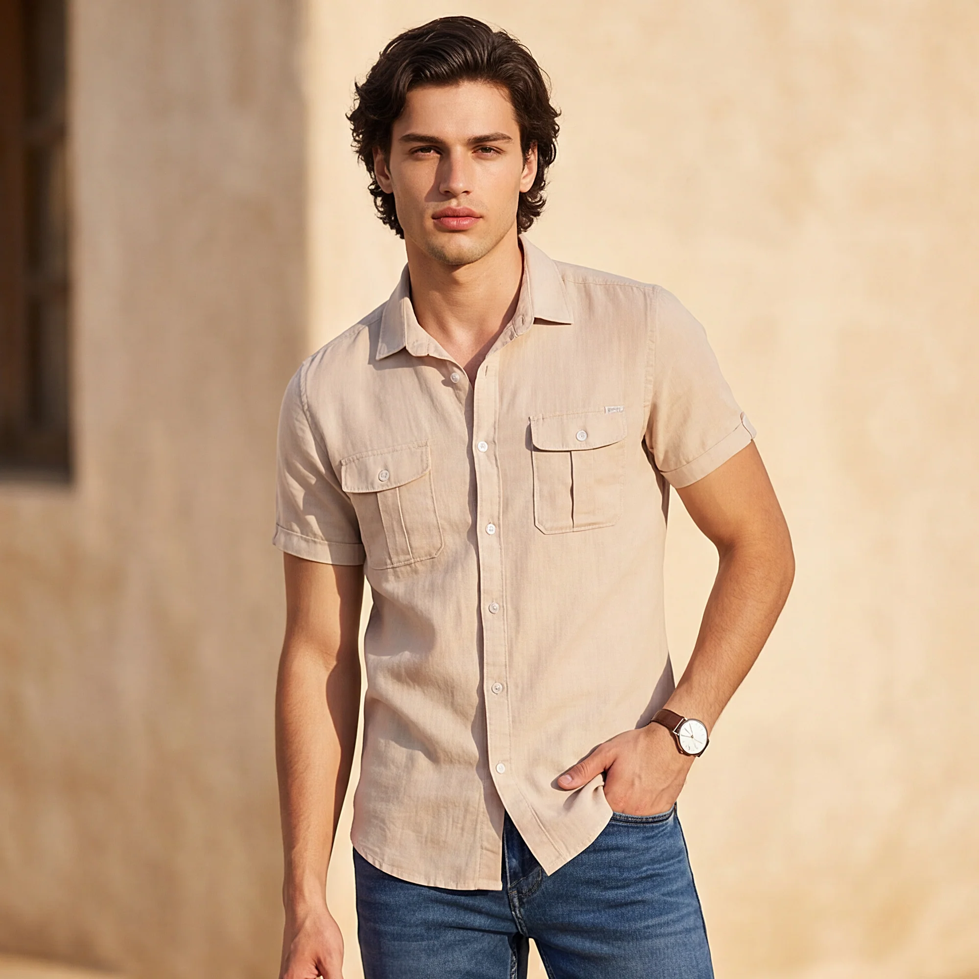 Short sleeves Slim Fit Cream Double Pocket Solid Crepe Shirt - Image 2