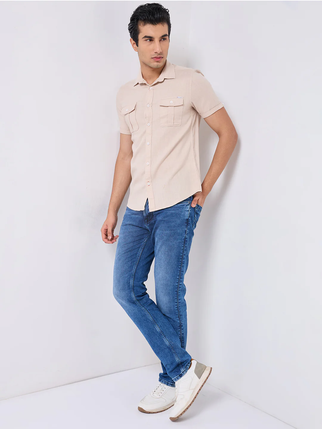 Short sleeves Slim Fit Cream Double Pocket Solid Crepe Shirt - Image 3