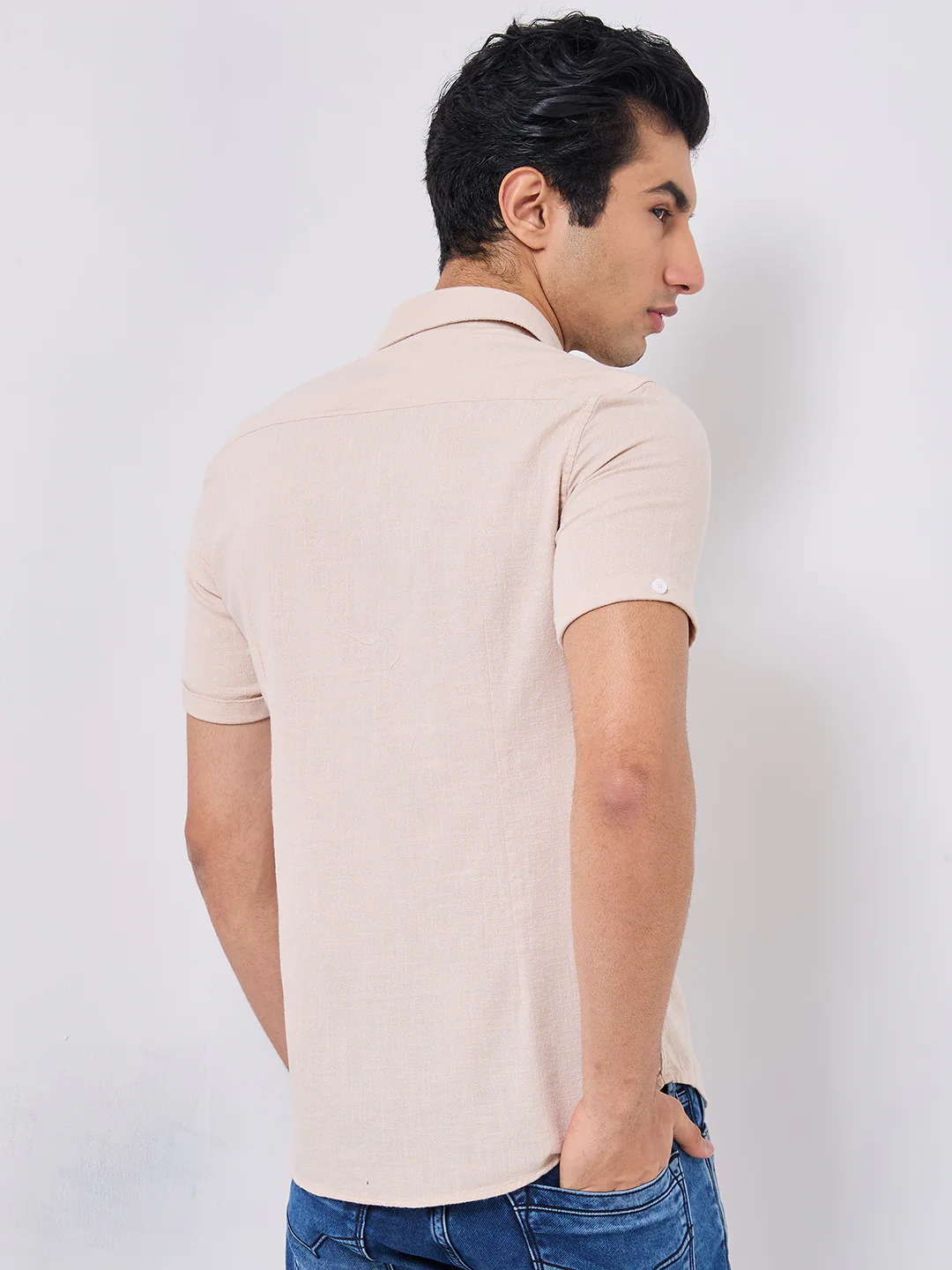 Short sleeves Slim Fit Cream Double Pocket Solid Crepe Shirt - Image 6