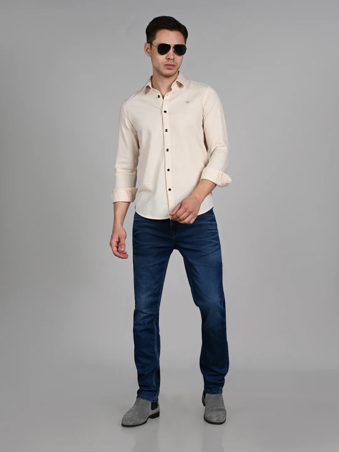 Full Sleeves Slim Fit Ecru Heavy Dobby Solid Shirt - Image 3
