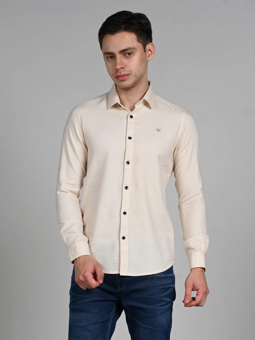 Full Sleeves Slim Fit Ecru Heavy Dobby Solid Shirt - Image 4