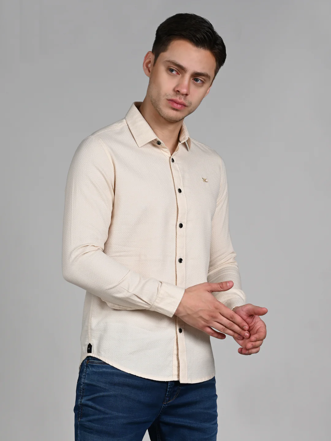 Full Sleeves Slim Fit Ecru Heavy Dobby Solid Shirt - Image 5