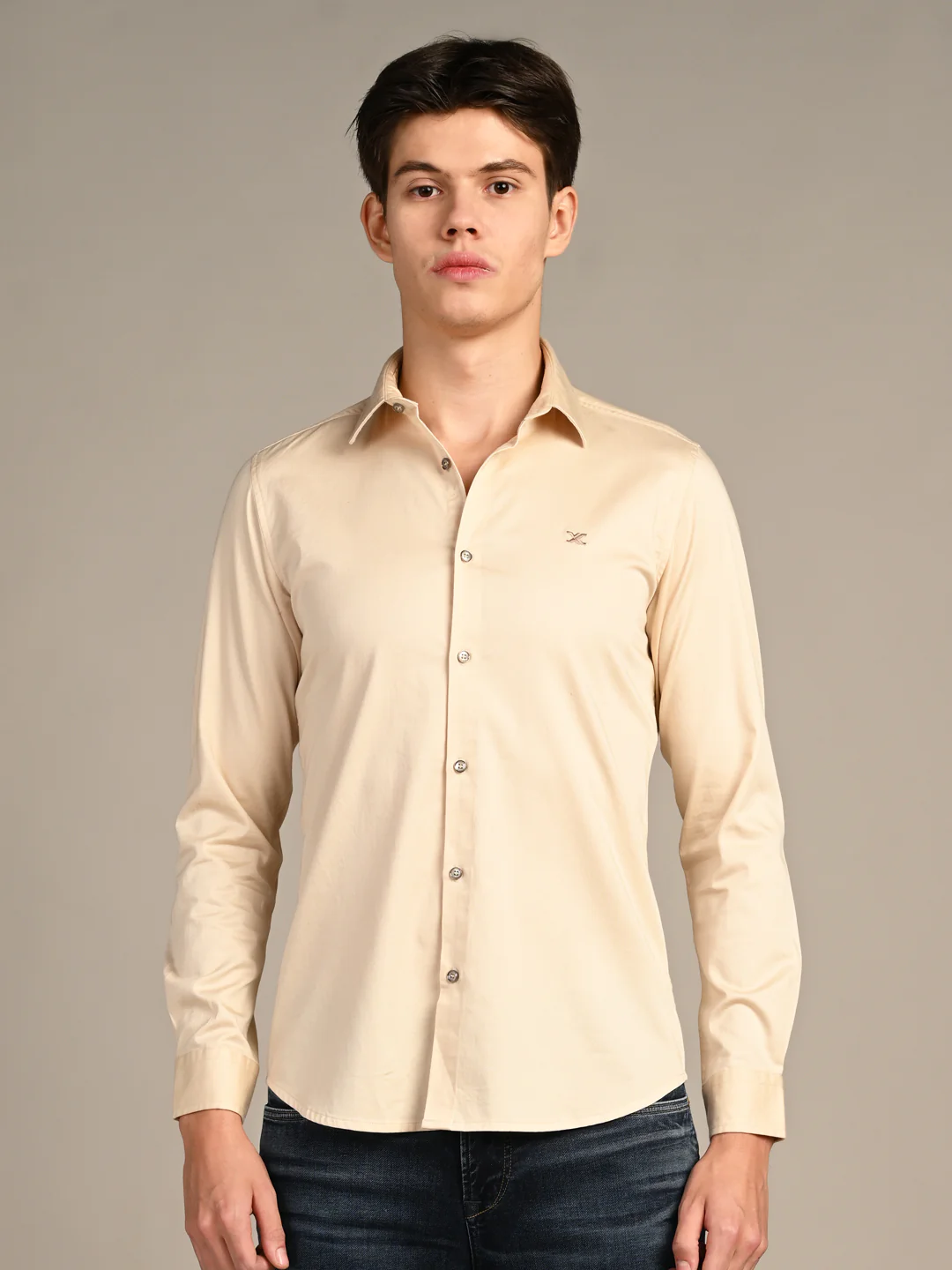 Full sleeves Slim Fit Cream Premium Satin Solid Shirt - Image 4