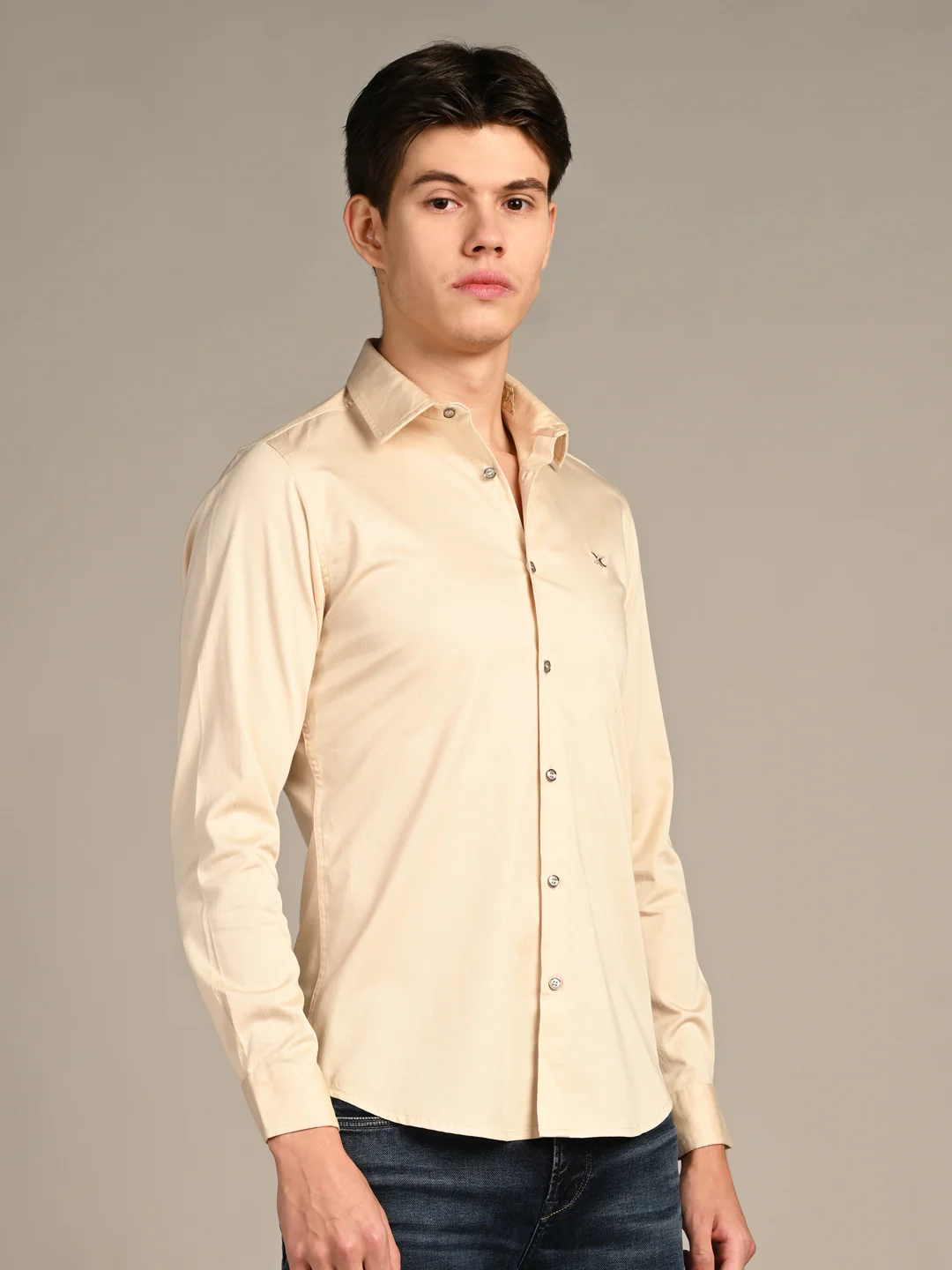Full sleeves Slim Fit Cream Premium Satin Solid Shirt - Image 5