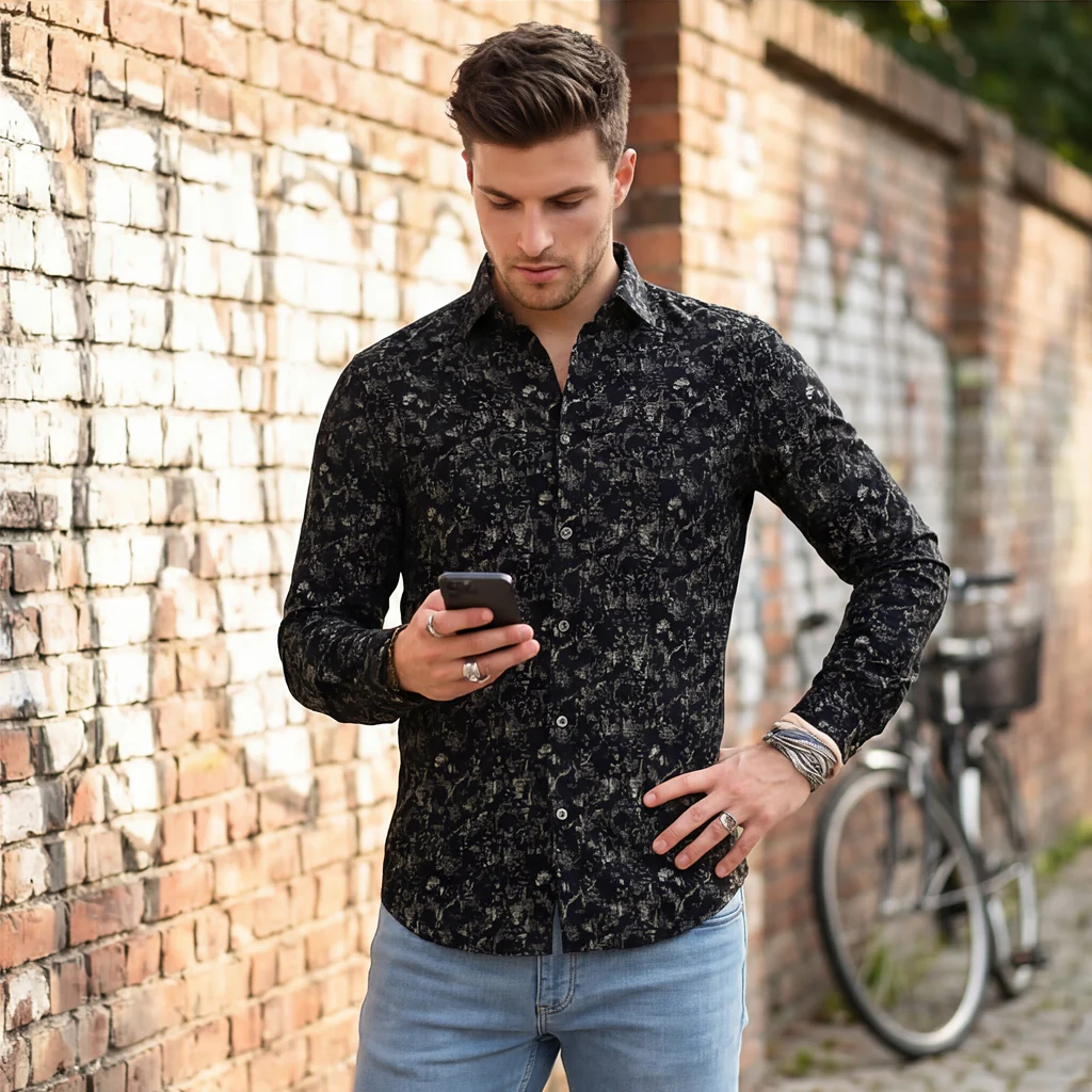 Full sleeves Slim Fit Navy All-Over Distressed  Botanical Dobby Print Shirt - Image 2
