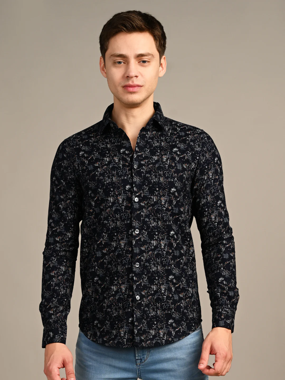 Full sleeves Slim Fit Navy All-Over Distressed  Botanical Dobby Print Shirt - Image 4
