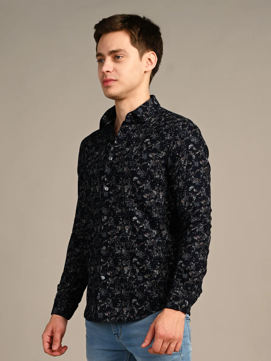 Full sleeves Slim Fit Navy All-Over Distressed  Botanical Dobby Print Shirt - Image 5