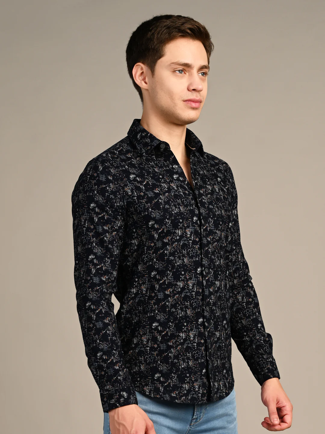 Full sleeves Slim Fit Navy All-Over Distressed  Botanical Dobby Print Shirt - Image 6