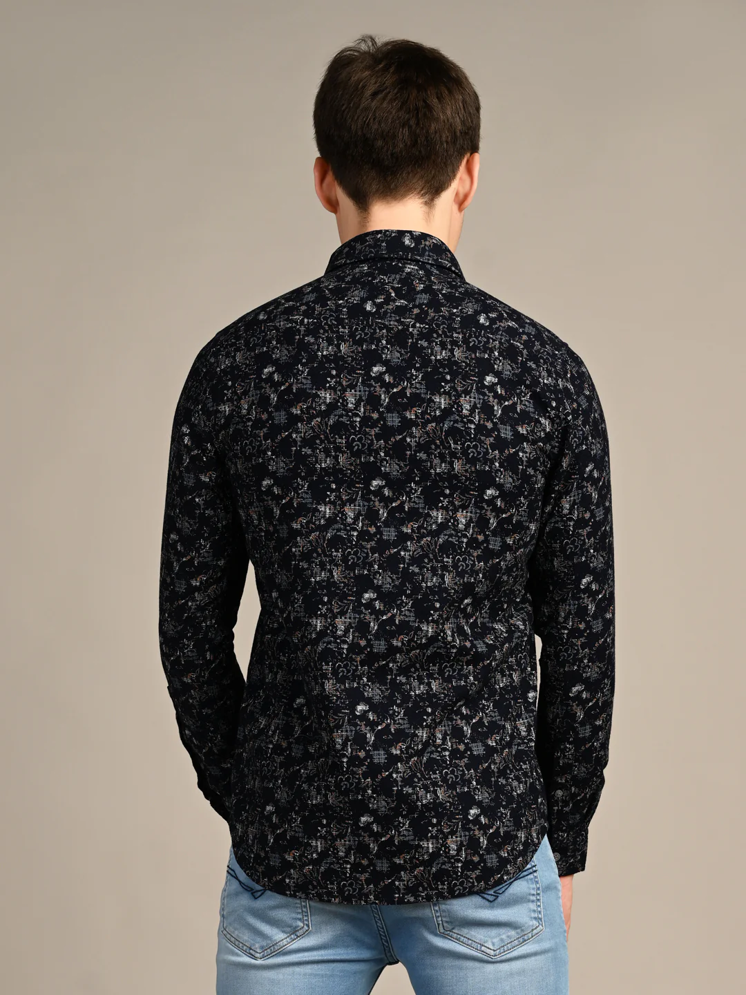 Full sleeves Slim Fit Navy All-Over Distressed  Botanical Dobby Print Shirt - Image 7