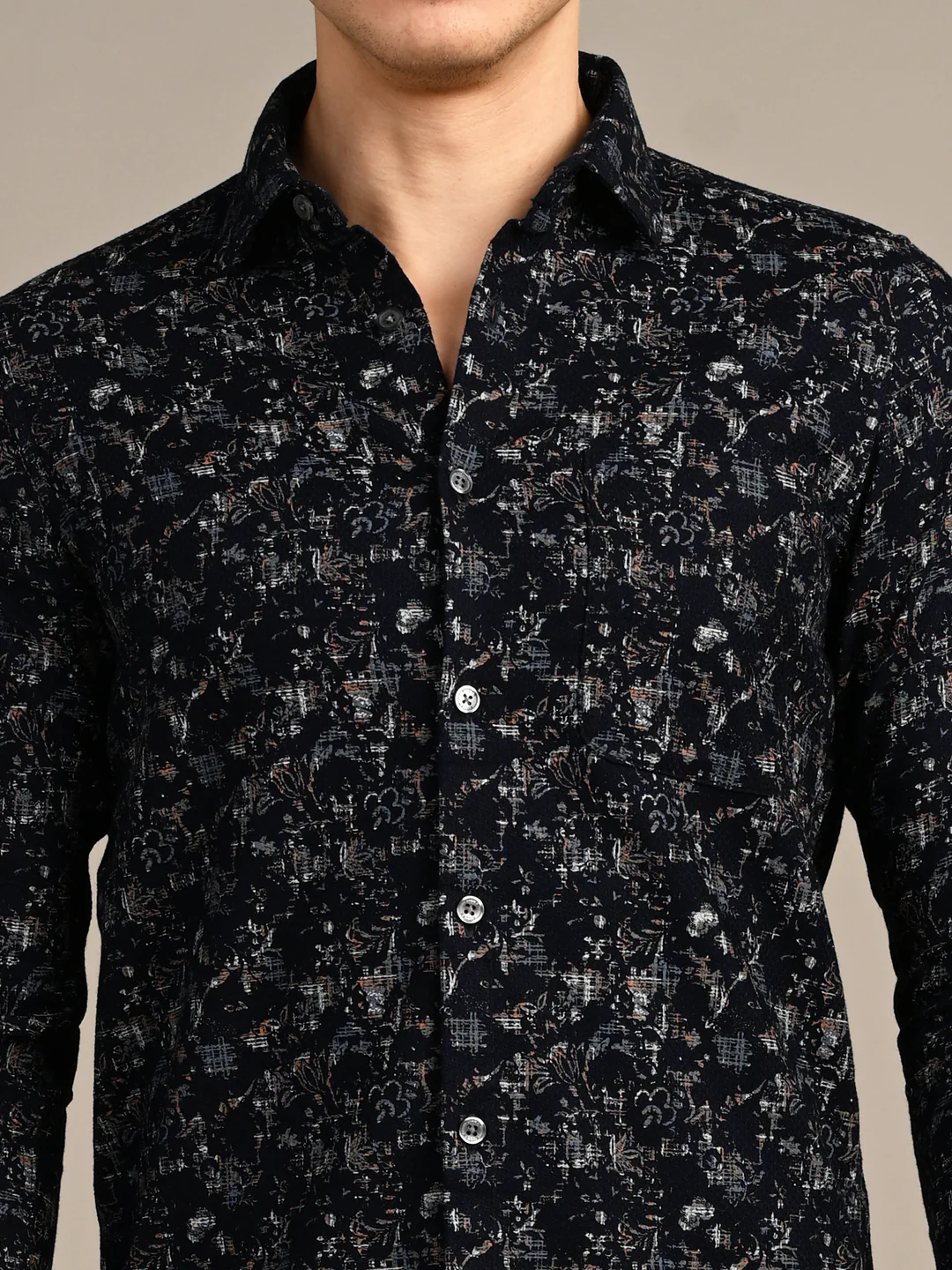 Full sleeves Slim Fit Navy All-Over Distressed  Botanical Dobby Print Shirt - Image 8