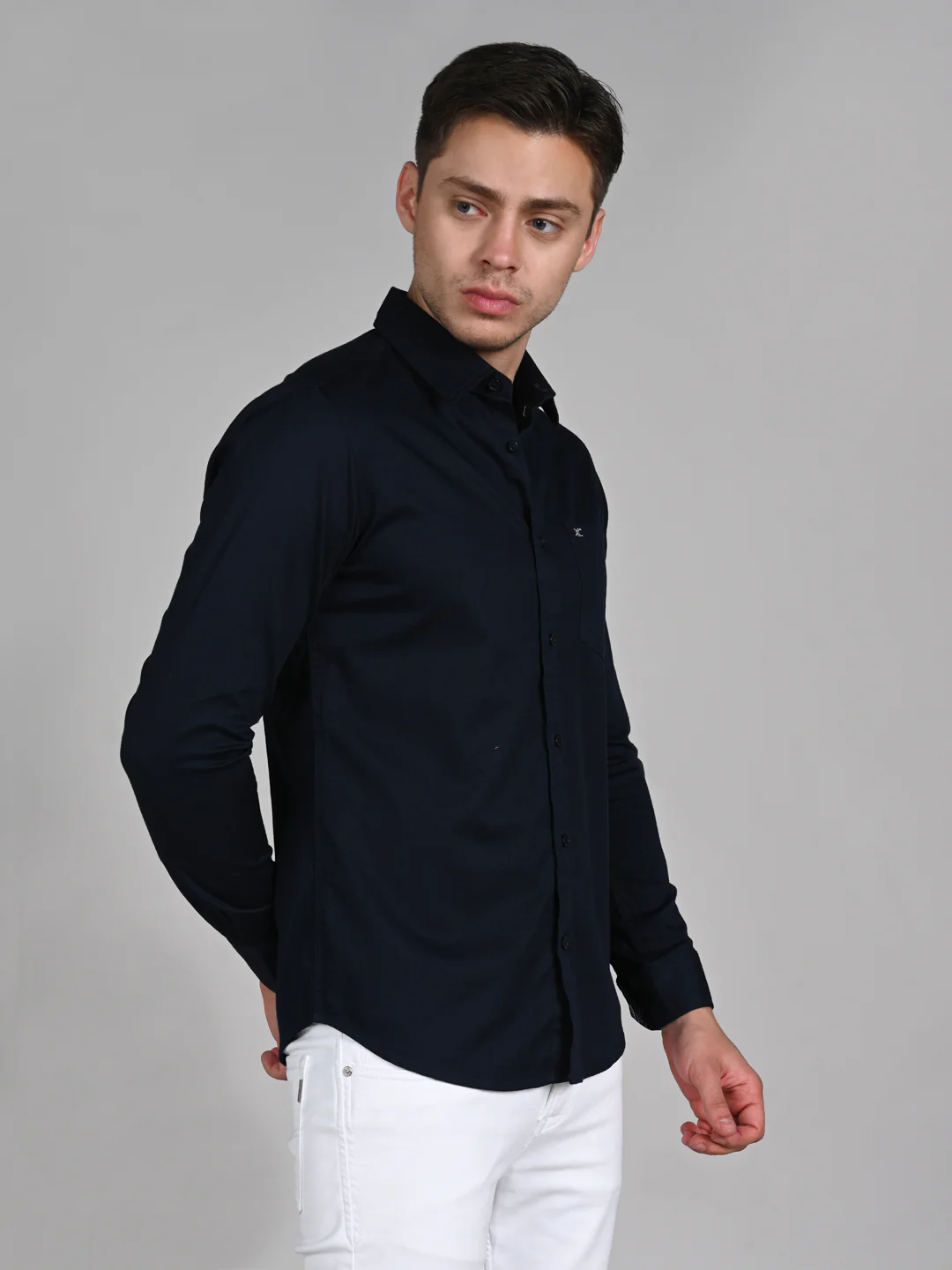 Full Sleeves Slim Fit Navy Doddy Structured Solid Shirt - Image 5