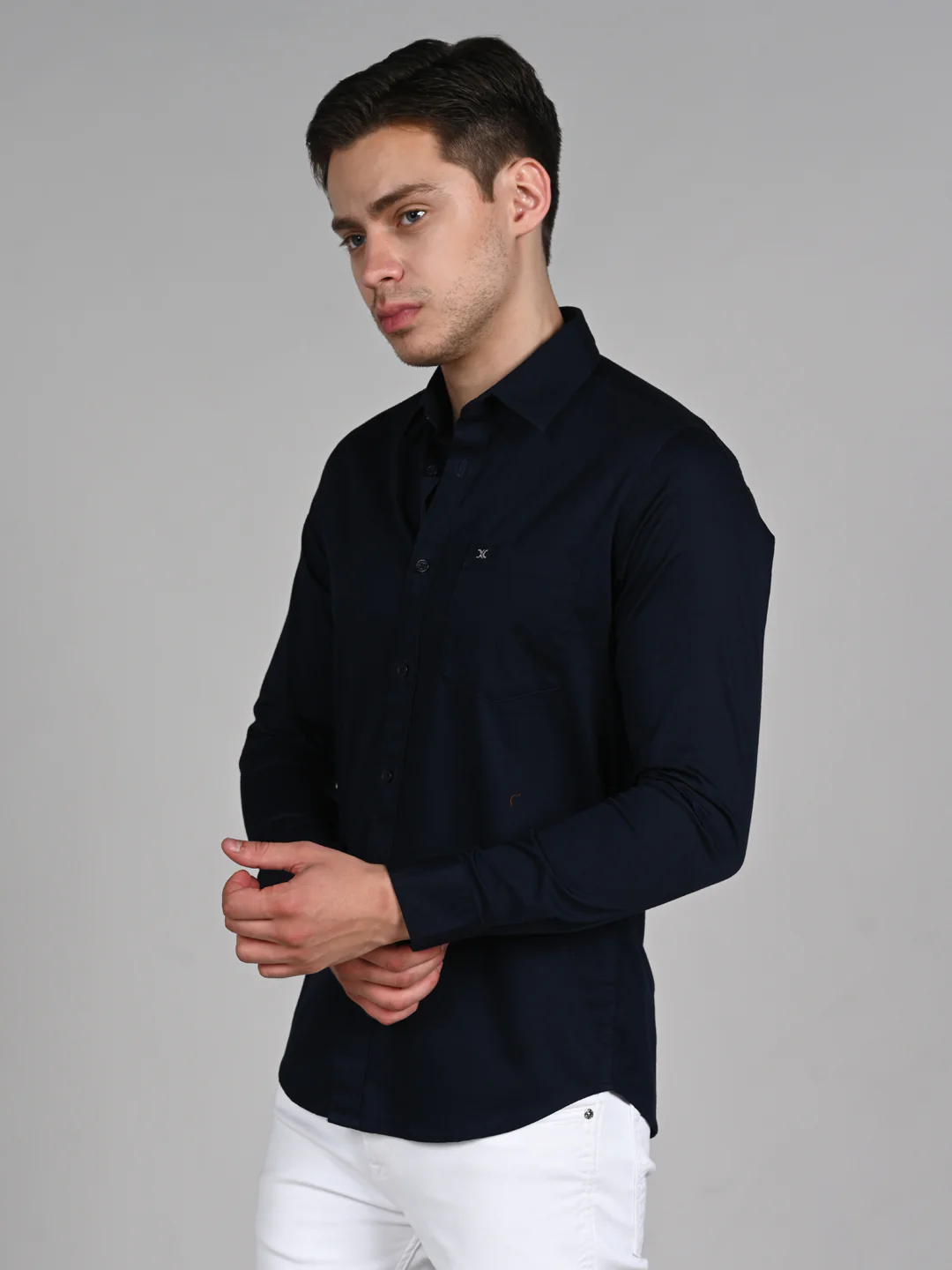 Full Sleeves Slim Fit Navy Doddy Structured Solid Shirt - Image 6