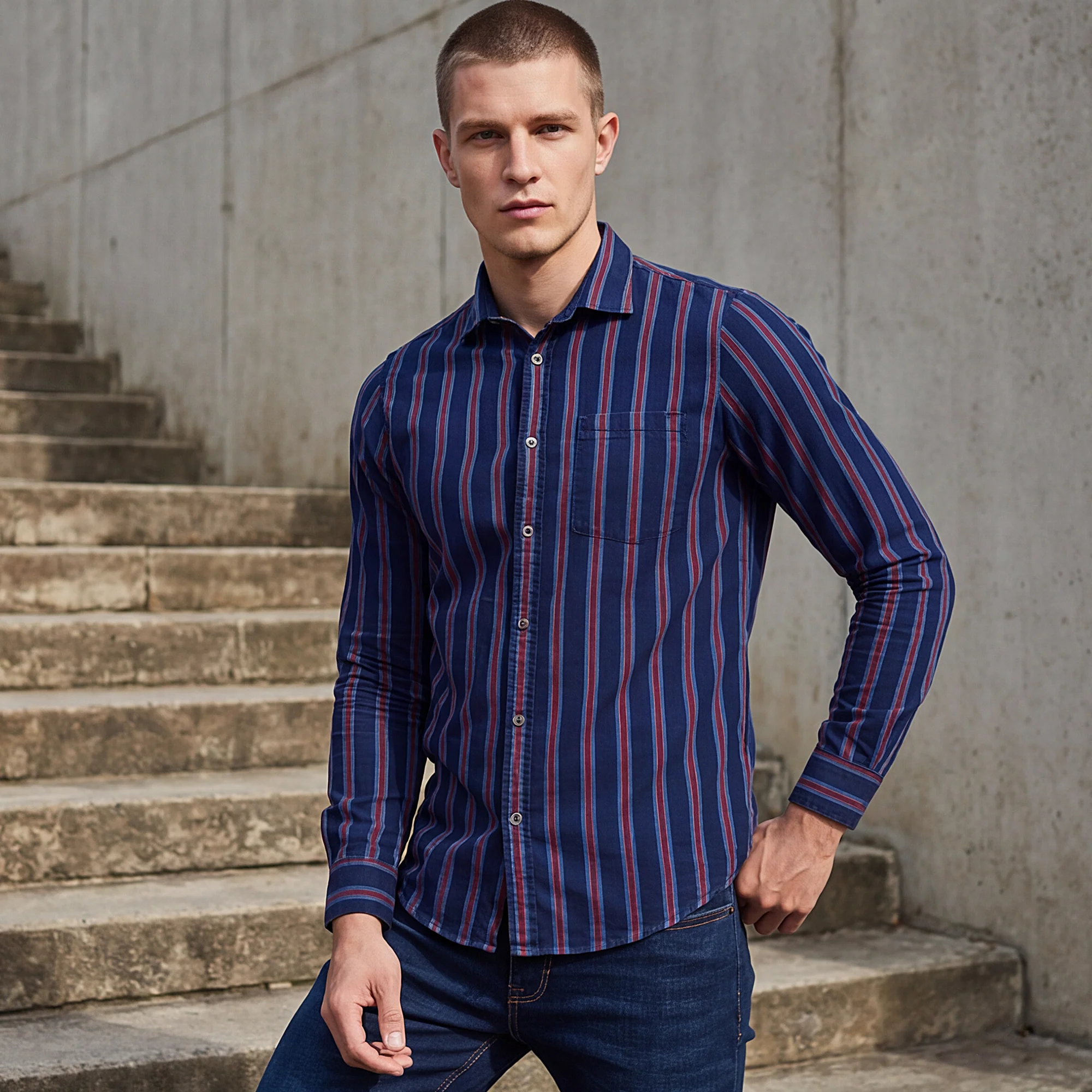 Full sleeves Slim Fit Dark Blue Dark Wash Indigo Srtiper Shirt - Image 2