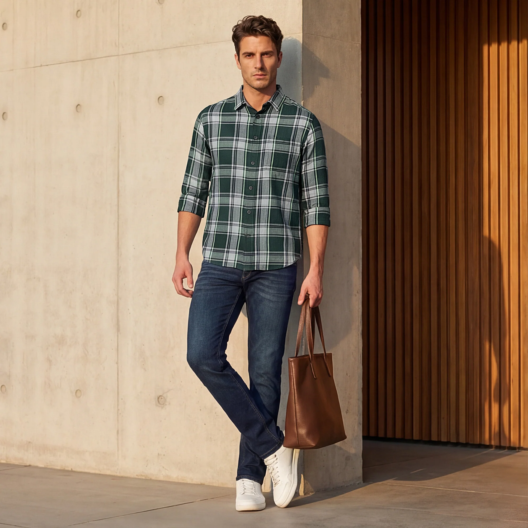 Full Sleeves Slim Fit Dark Green Structure Checks Shirt