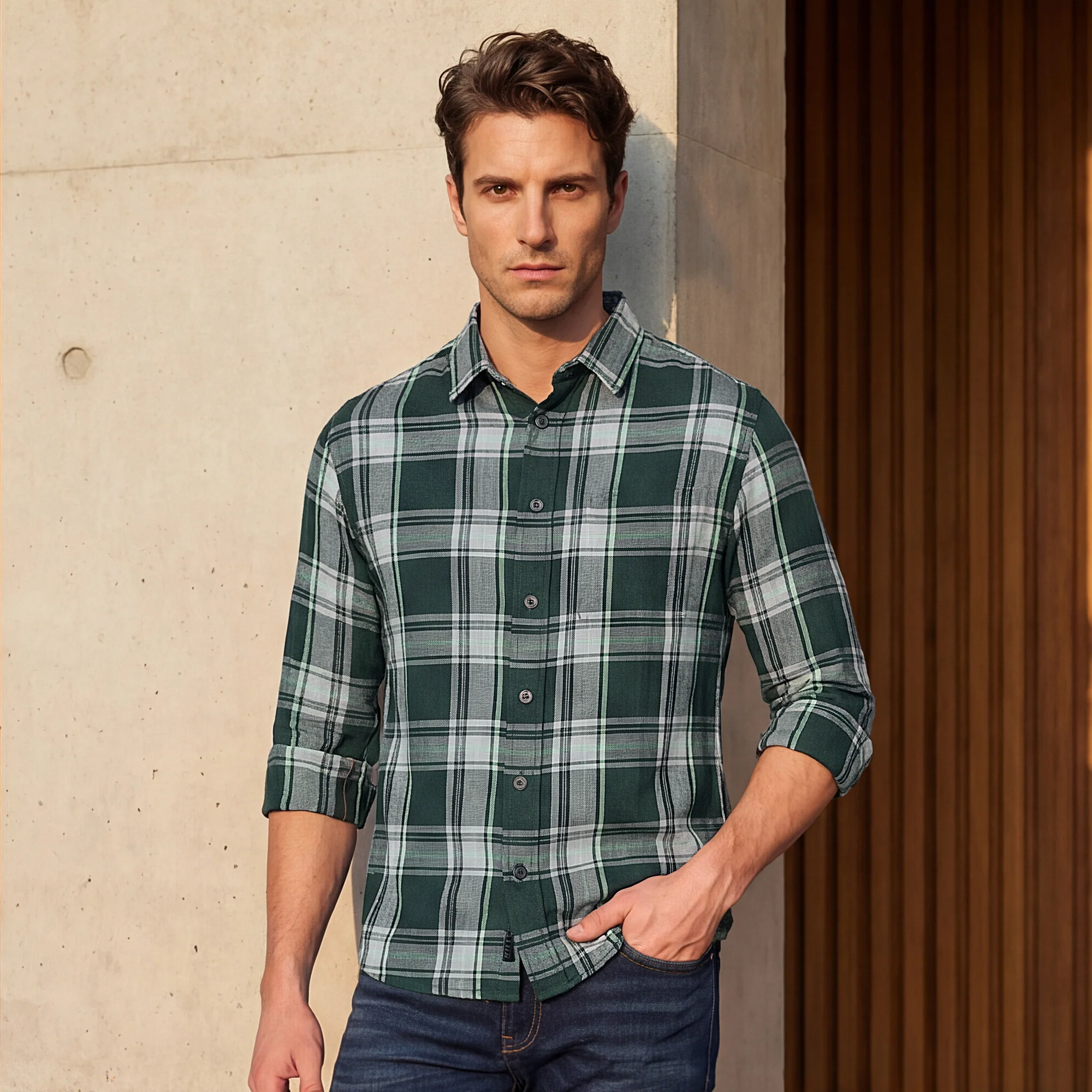 Full Sleeves Slim Fit Dark Green Structure Checks Shirt - Image 2