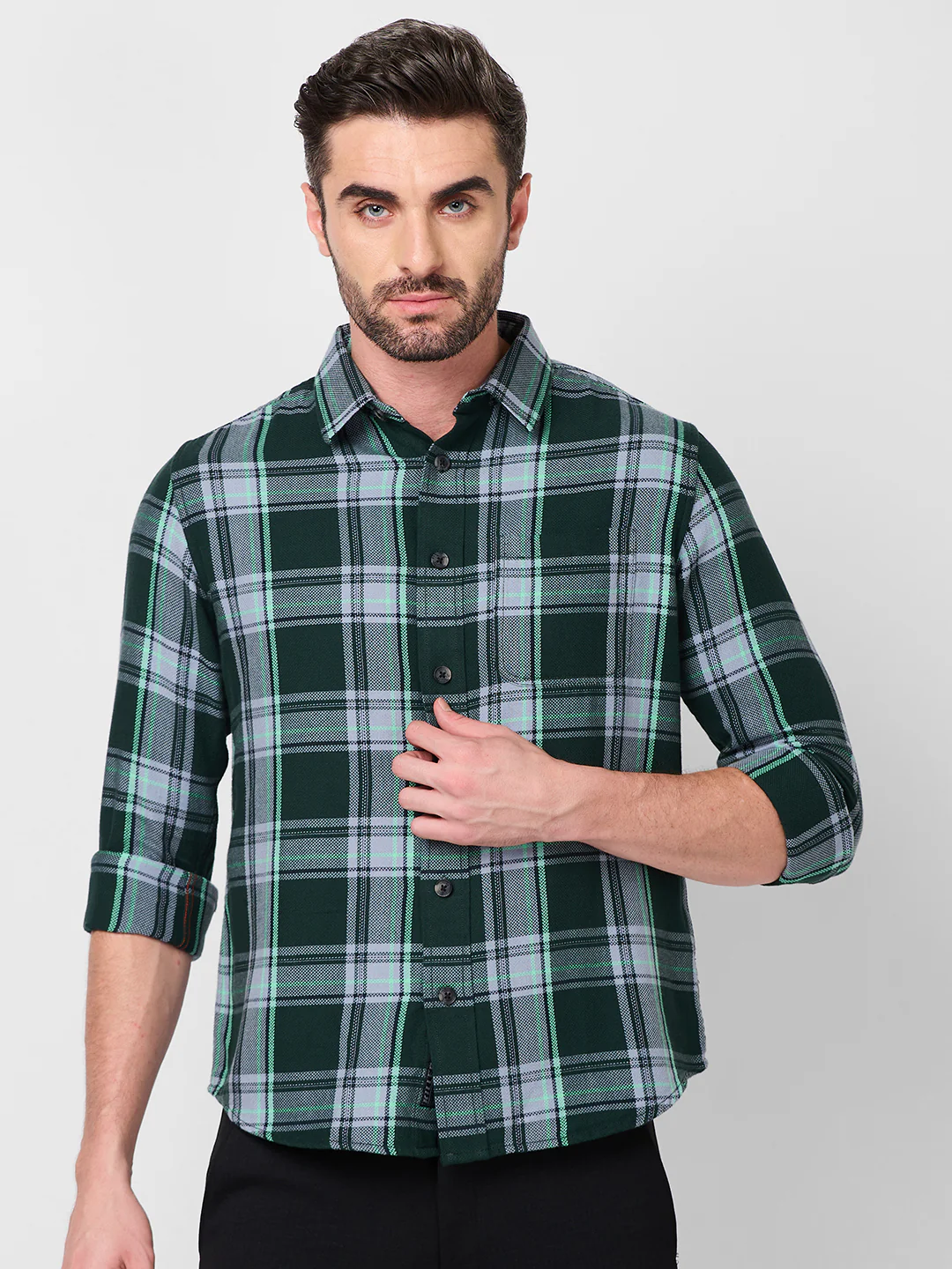 Full Sleeves Slim Fit Dark Green Structure Checks Shirt - Image 3