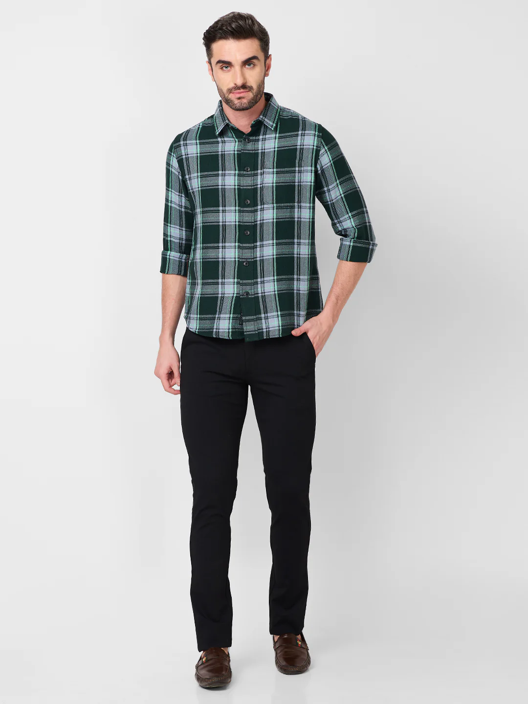 Full Sleeves Slim Fit Dark Green Structure Checks Shirt - Image 4