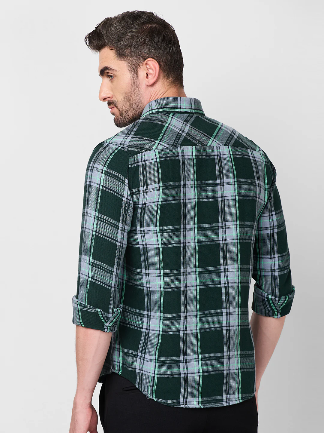Full Sleeves Slim Fit Dark Green Structure Checks Shirt - Image 5