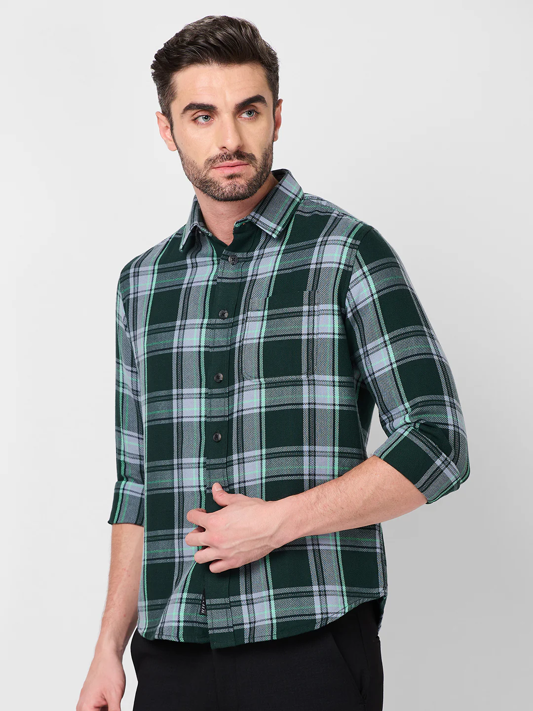 Full Sleeves Slim Fit Dark Green Structure Checks Shirt - Image 6
