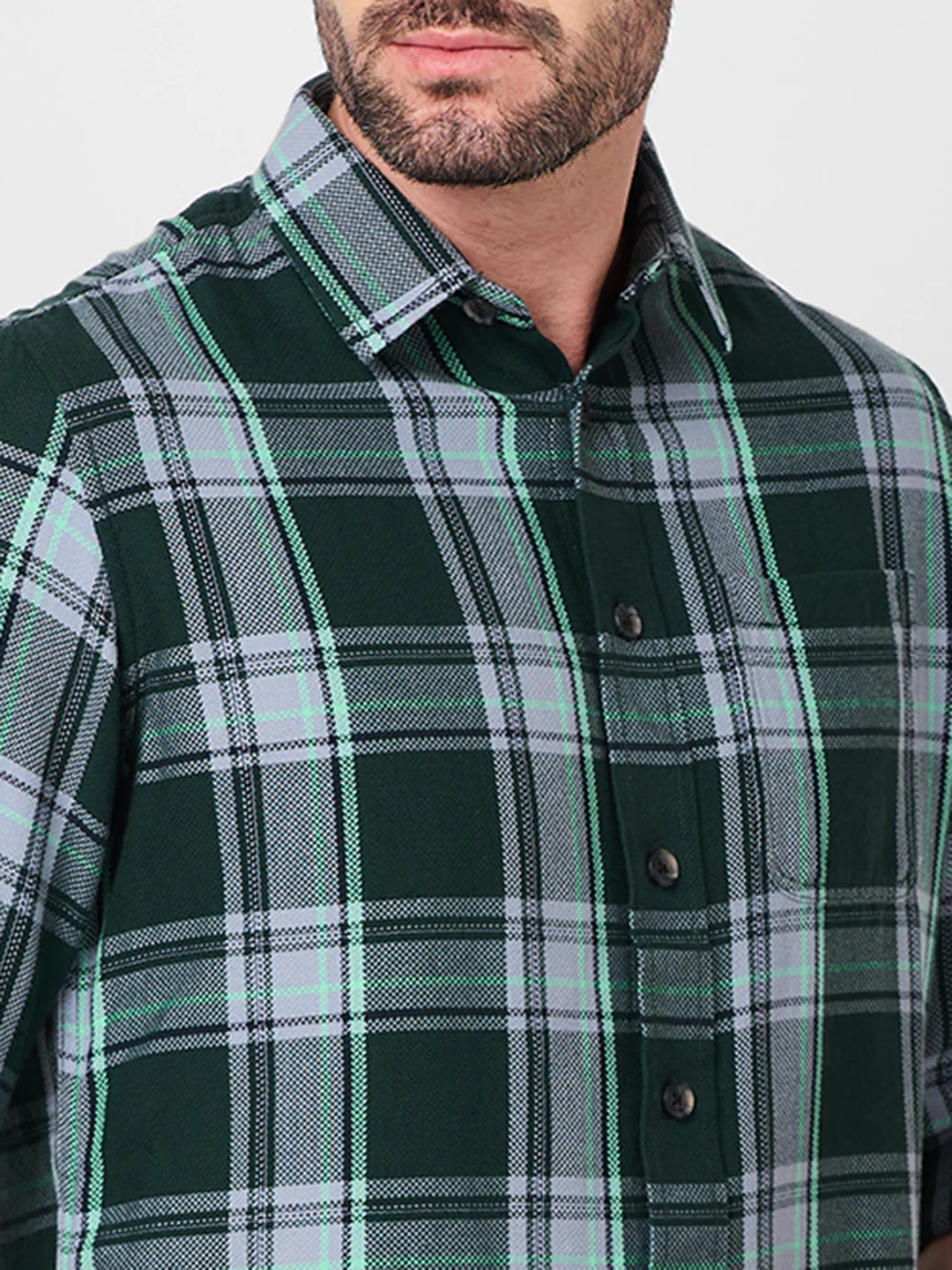 Full Sleeves Slim Fit Dark Green Structure Checks Shirt - Image 7