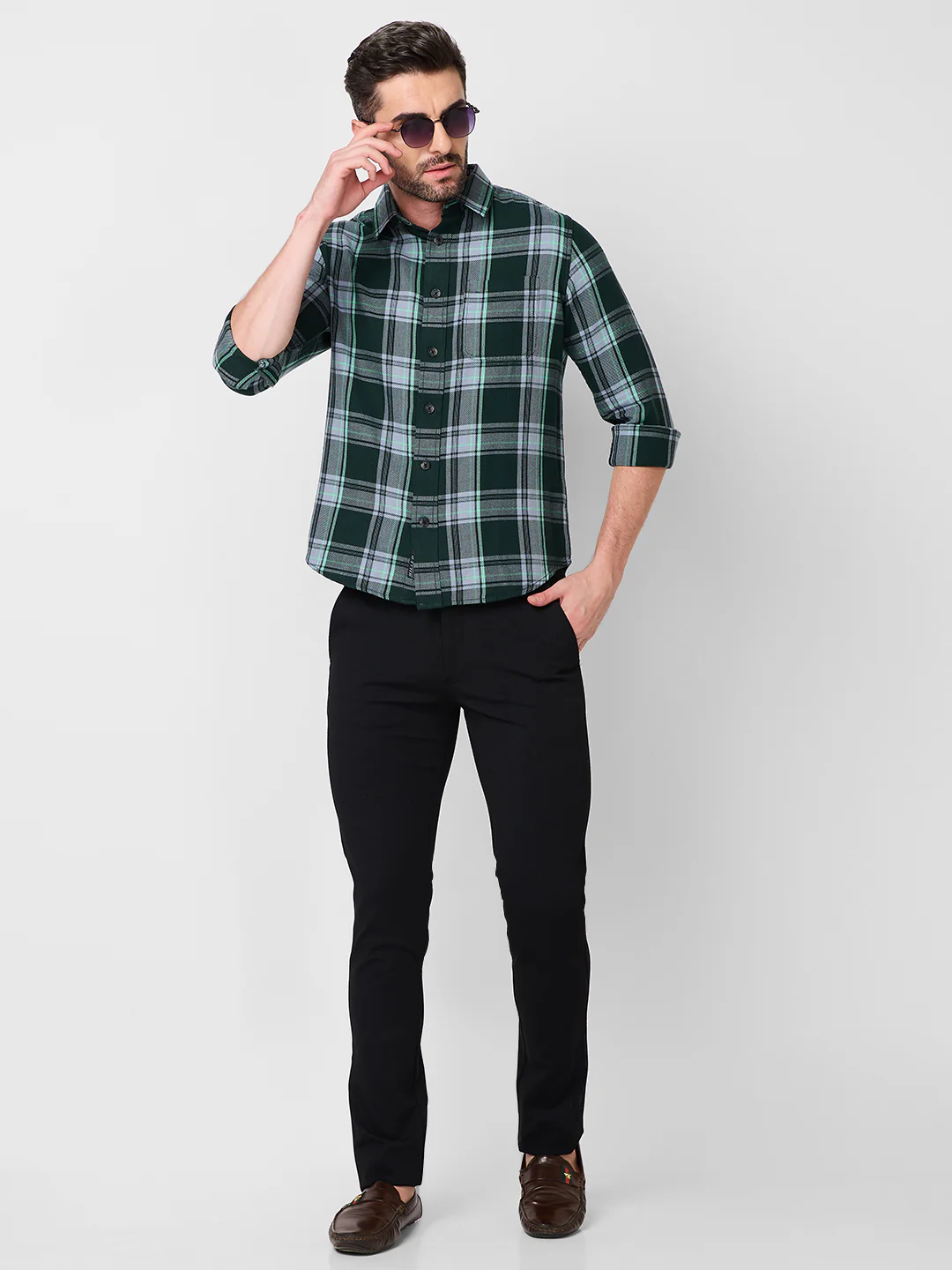 Full Sleeves Slim Fit Dark Green Structure Checks Shirt - Image 8