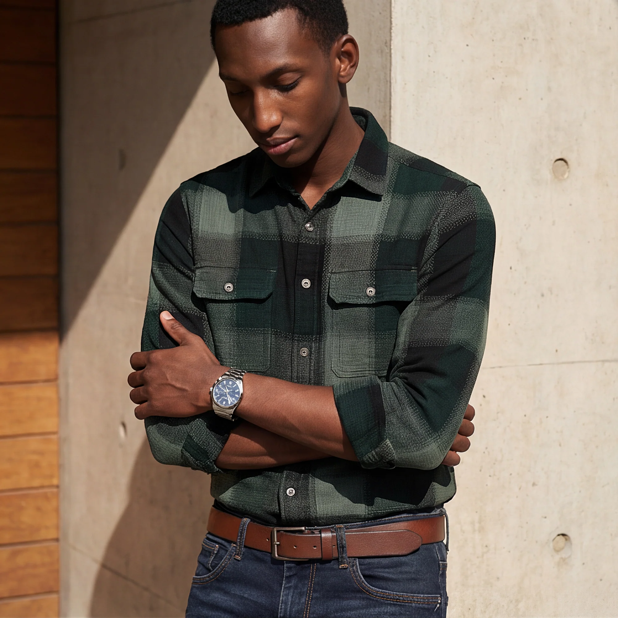 Full Sleeves Slim Fit Bottle Green Heavy Structure Double Pocket Checks Shirt - Image 2