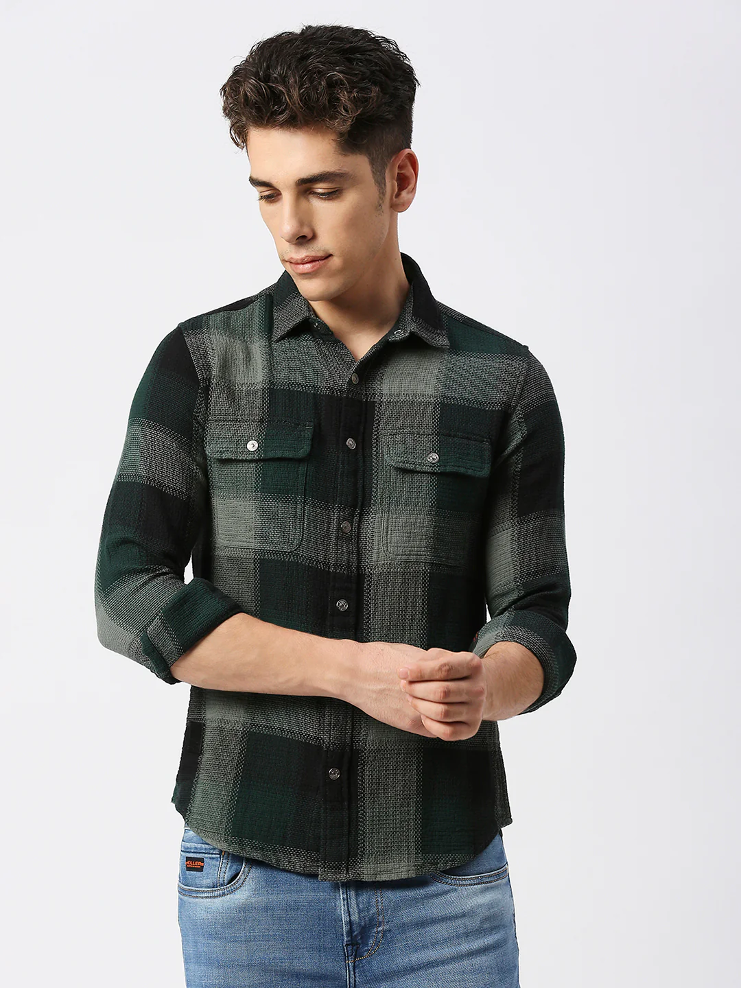 Full Sleeves Slim Fit Bottle Green Heavy Structure Double Pocket Checks Shirt - Image 3