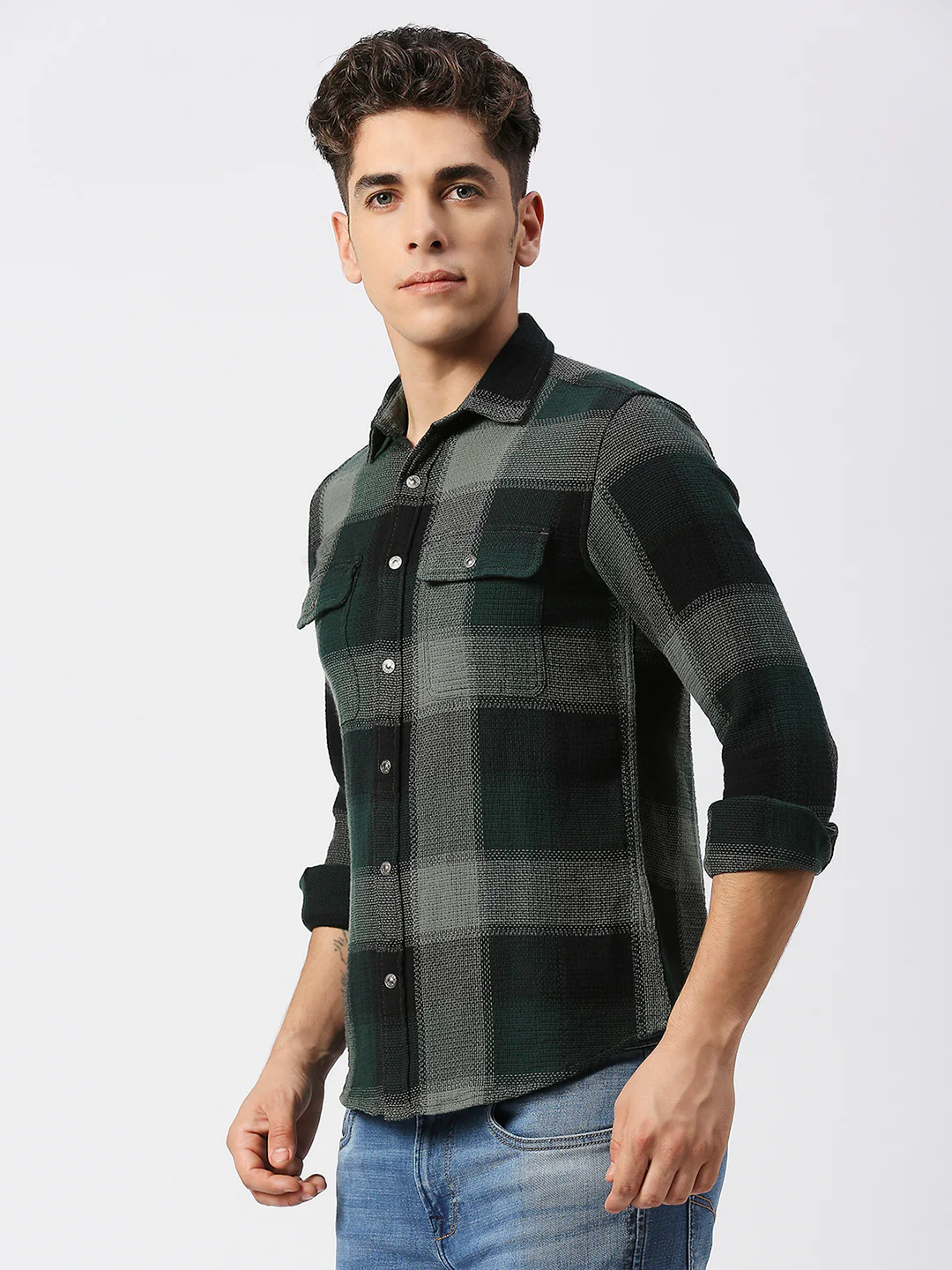 Full Sleeves Slim Fit Bottle Green Heavy Structure Double Pocket Checks Shirt - Image 4