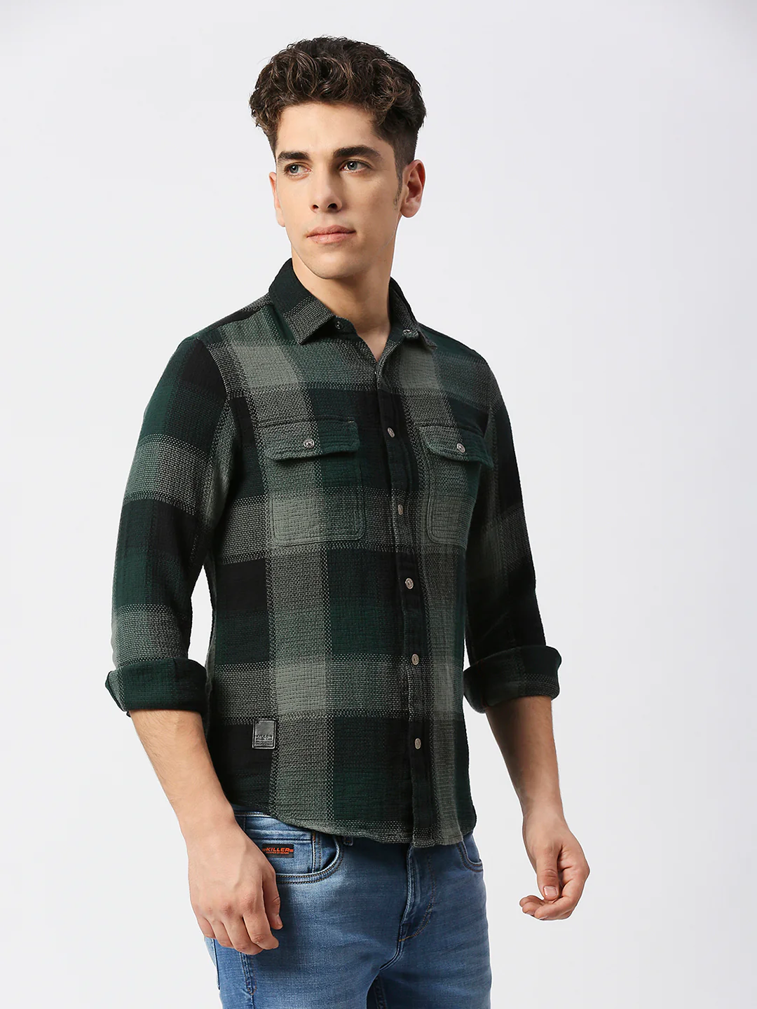 Full Sleeves Slim Fit Bottle Green Heavy Structure Double Pocket Checks Shirt - Image 5