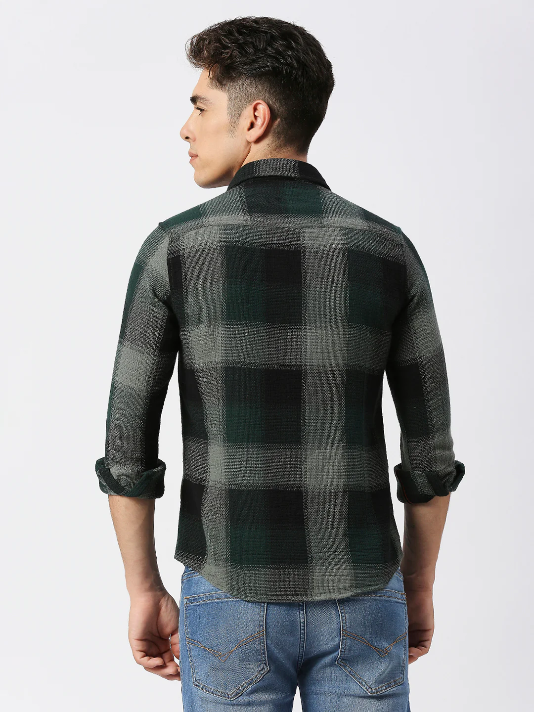Full Sleeves Slim Fit Bottle Green Heavy Structure Double Pocket Checks Shirt - Image 6