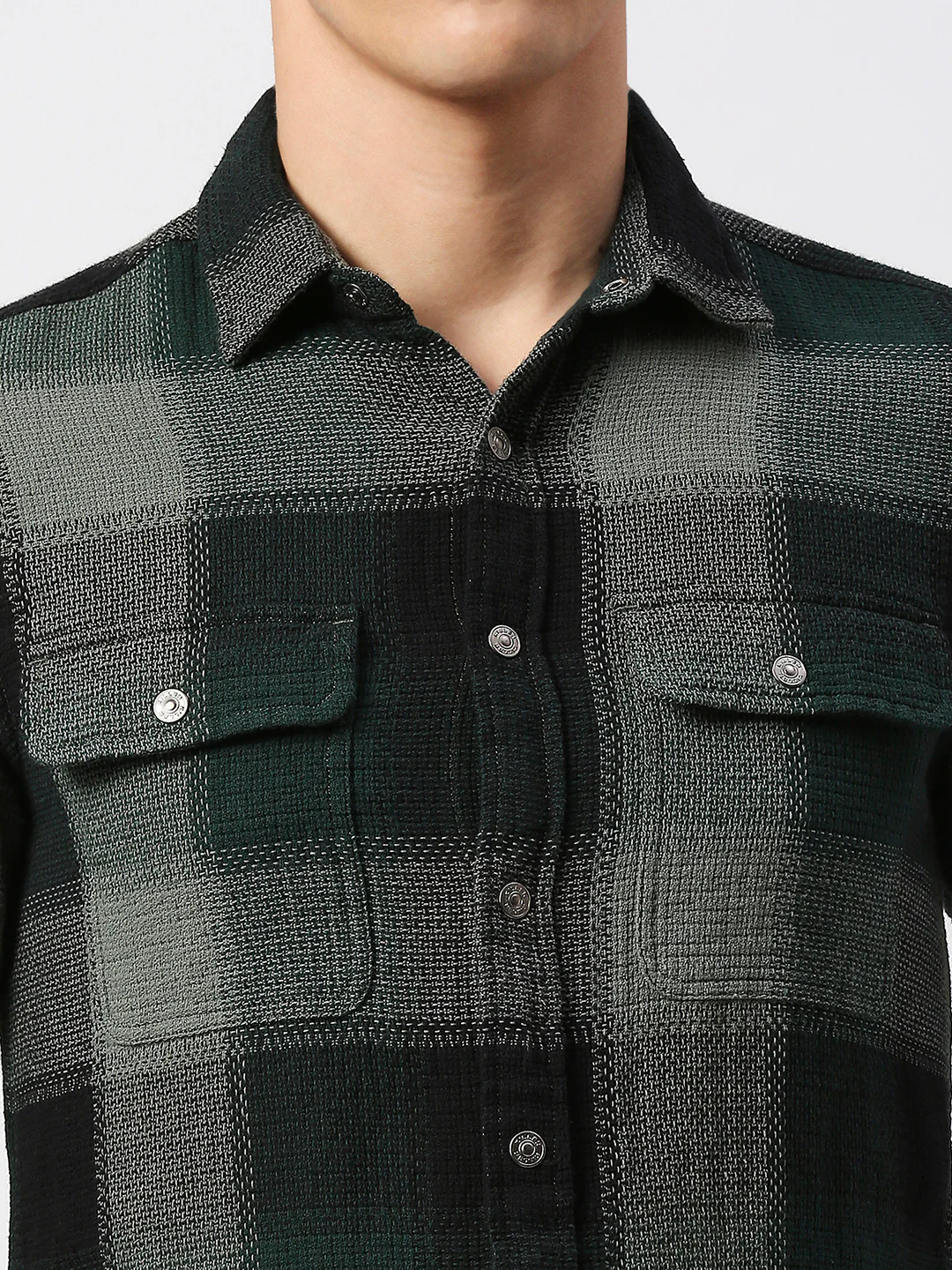 Full Sleeves Slim Fit Bottle Green Heavy Structure Double Pocket Checks Shirt - Image 7