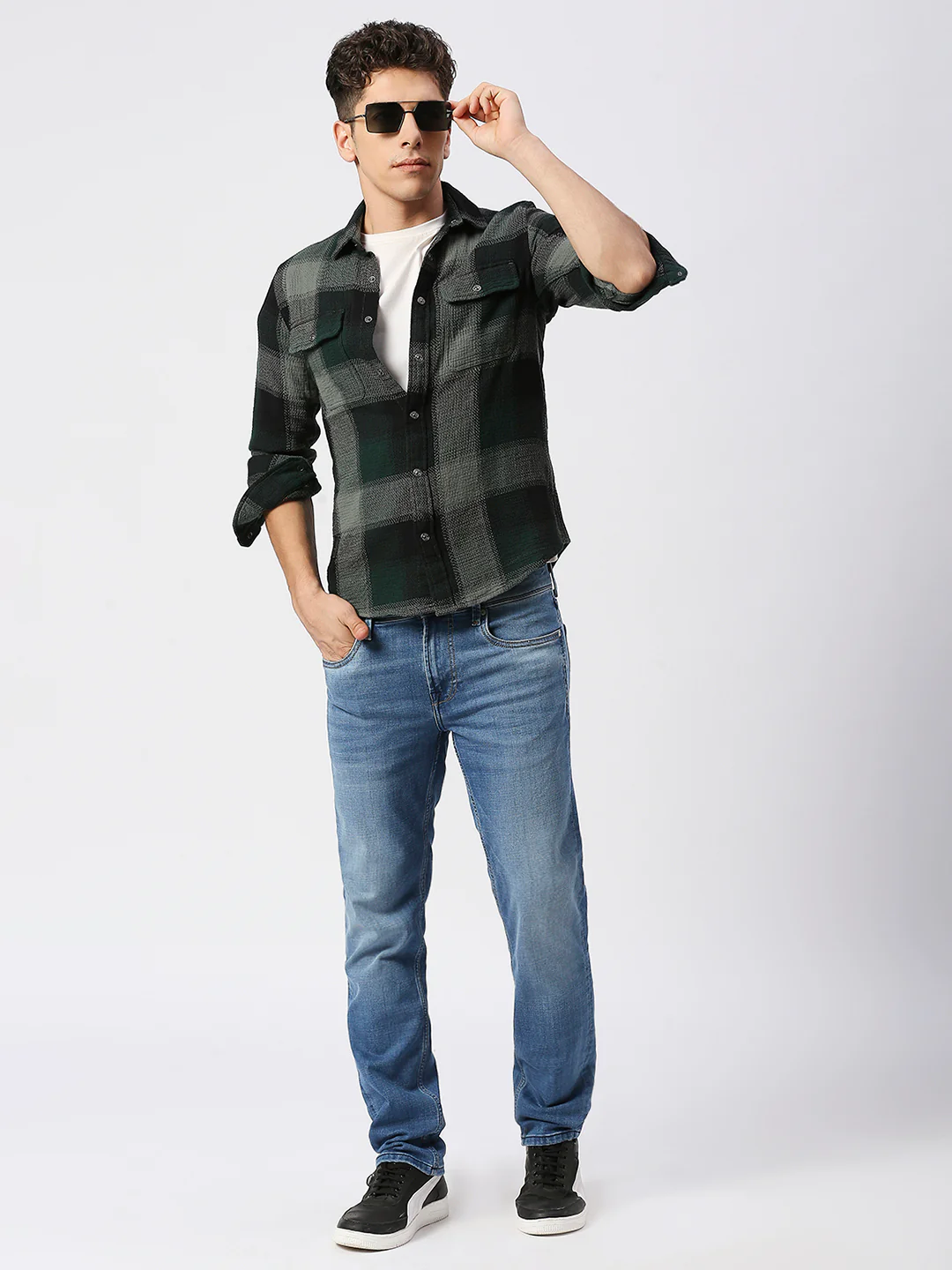 Full Sleeves Slim Fit Bottle Green Heavy Structure Double Pocket Checks Shirt - Image 8