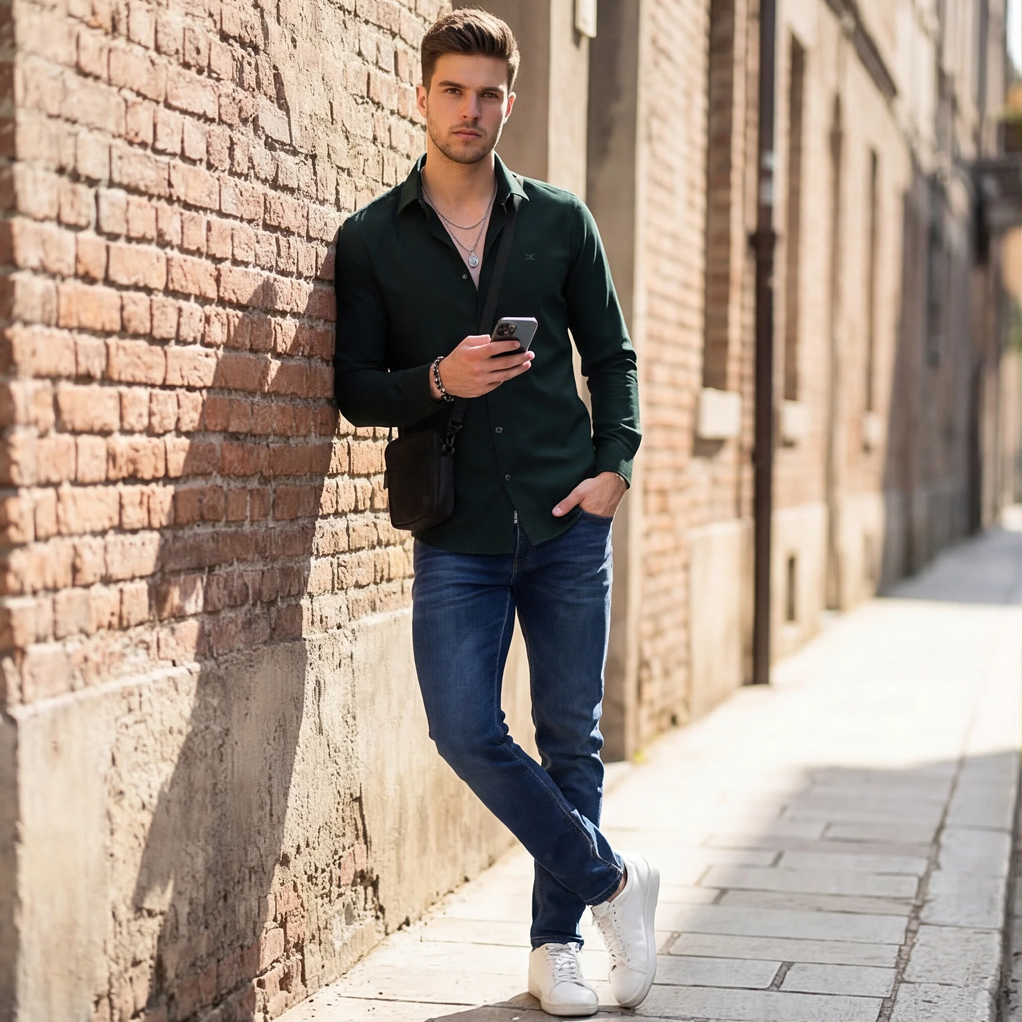 Full Sleeves Slim Fit Bottle Green Heavy Dobby Solid Shirt