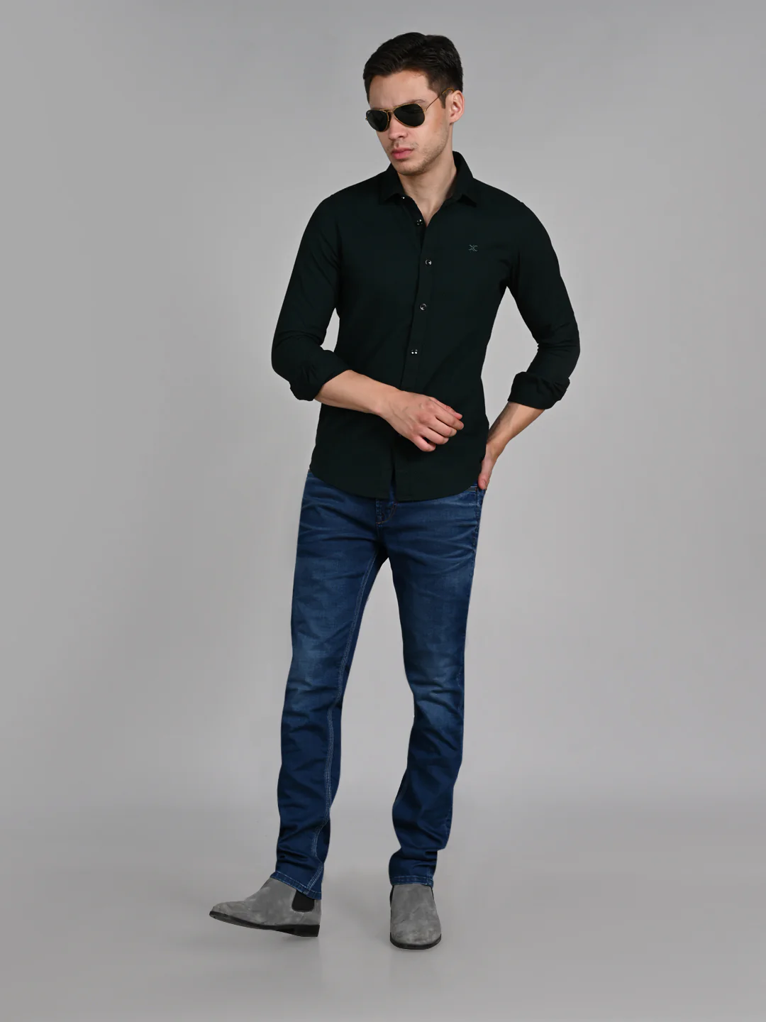 Full Sleeves Slim Fit Bottle Green Heavy Dobby Solid Shirt - Image 3