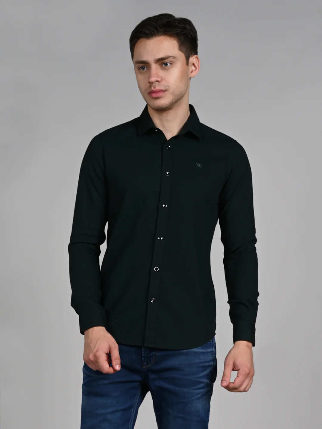 Full Sleeves Slim Fit Bottle Green Heavy Dobby Solid Shirt - Image 4