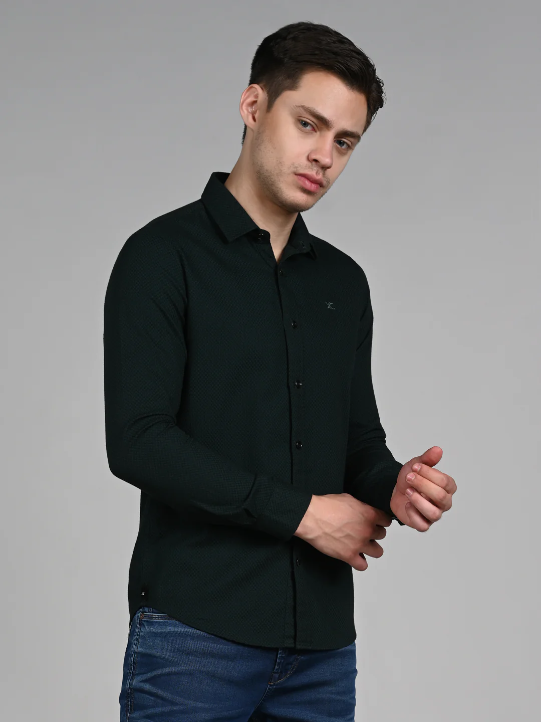 Full Sleeves Slim Fit Bottle Green Heavy Dobby Solid Shirt - Image 5