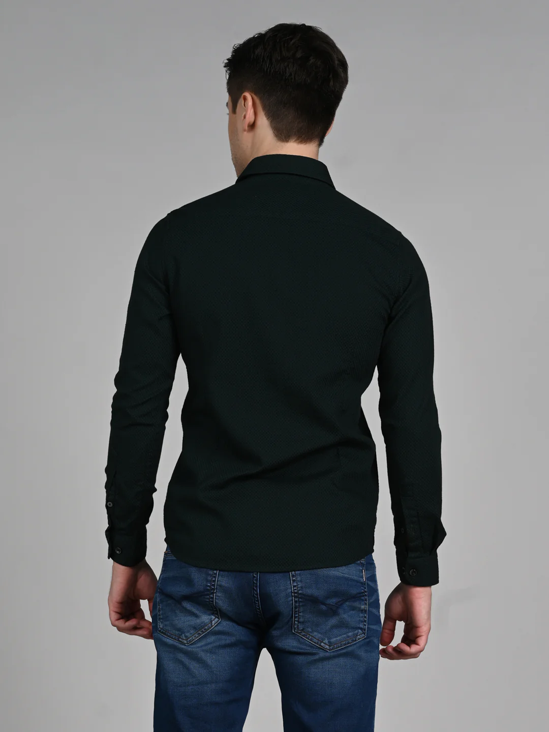 Full Sleeves Slim Fit Bottle Green Heavy Dobby Solid Shirt - Image 6