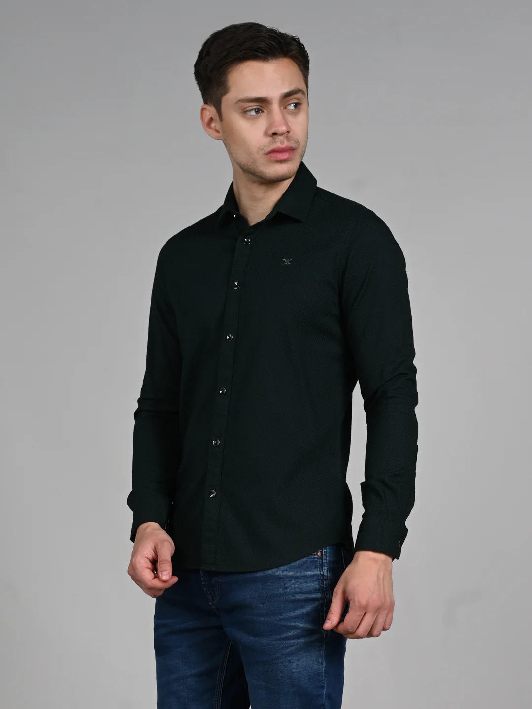 Full Sleeves Slim Fit Bottle Green Heavy Dobby Solid Shirt - Image 8