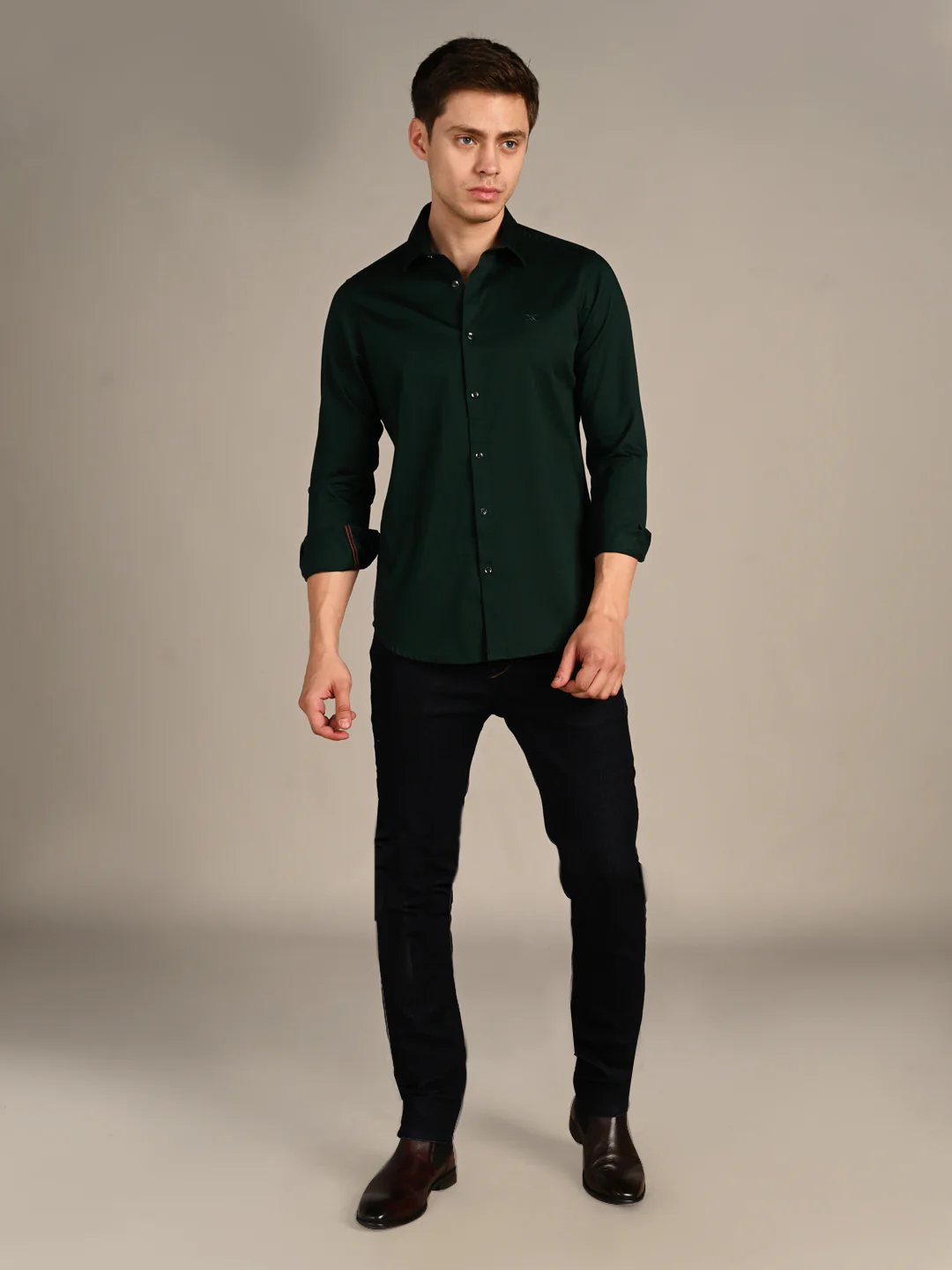 Full sleeves Slim Fit Dark Green Premium Satin Solid Shirt - Image 3