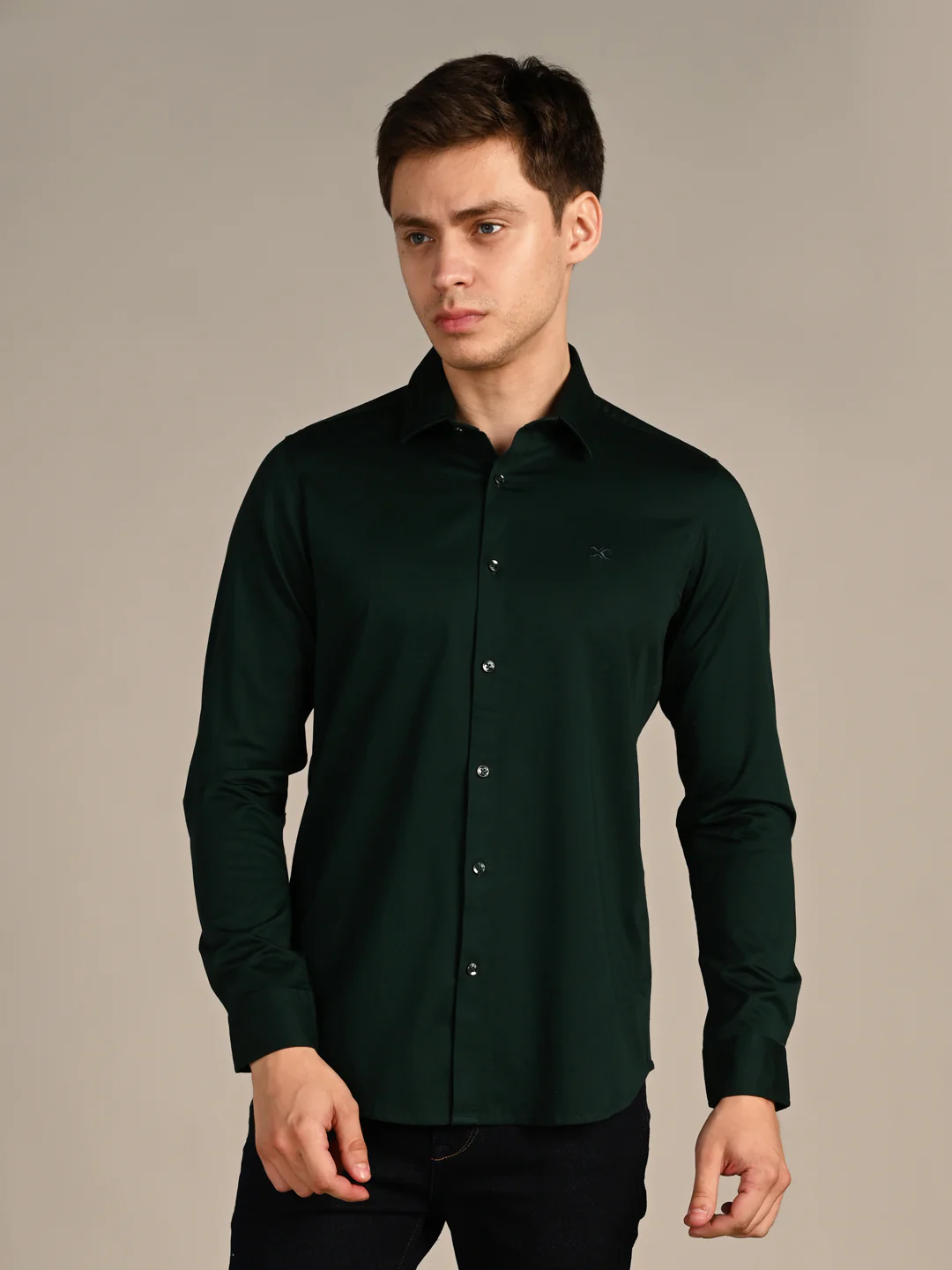 Full sleeves Slim Fit Dark Green Premium Satin Solid Shirt - Image 4
