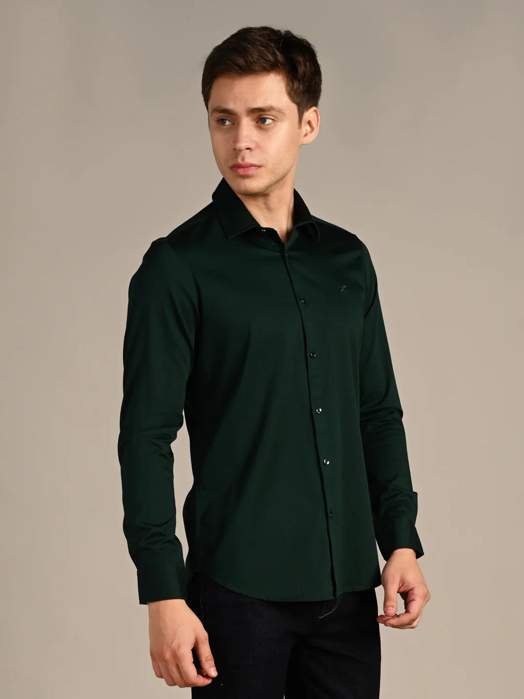 Full sleeves Slim Fit Dark Green Premium Satin Solid Shirt - Image 5