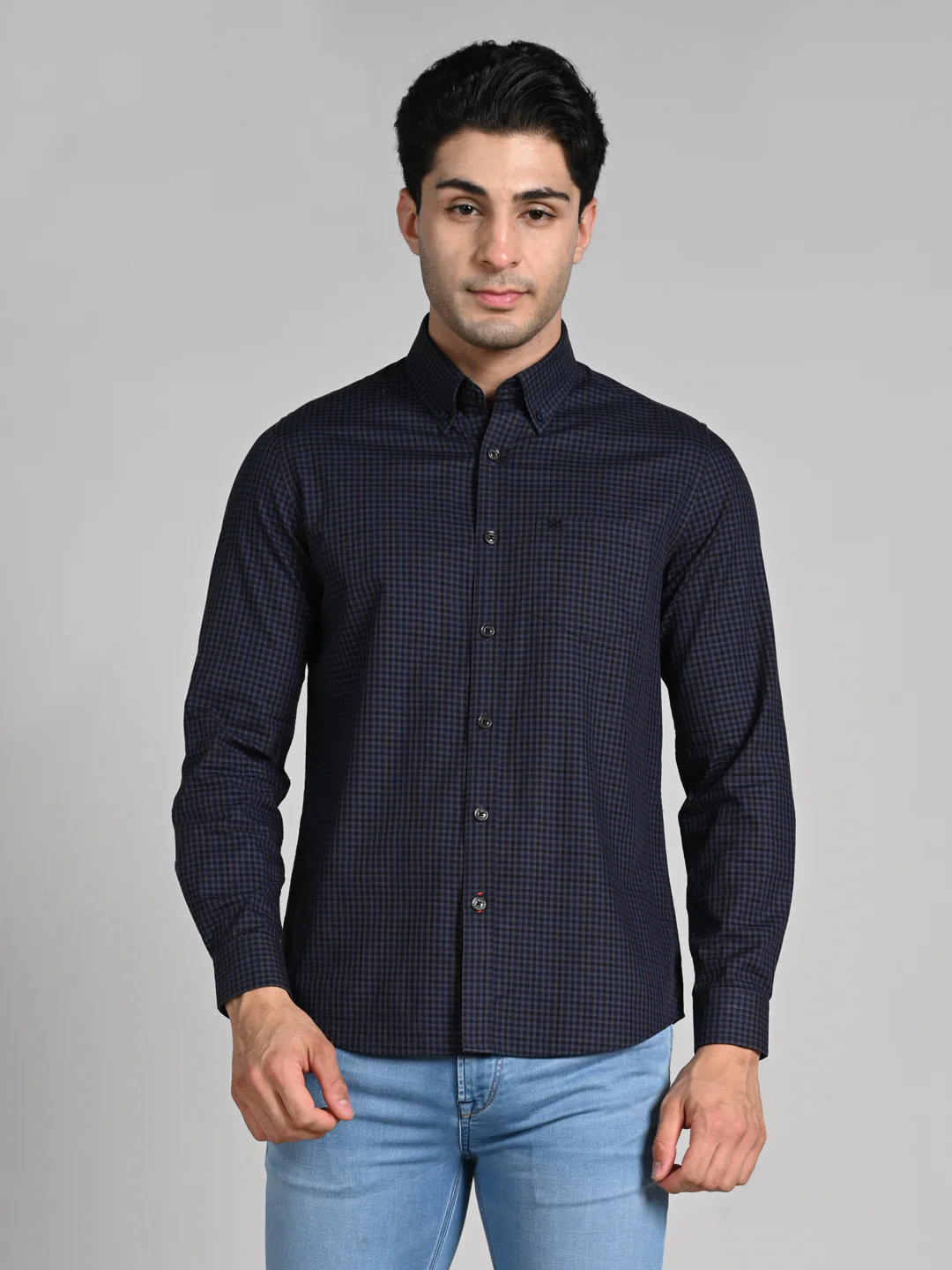 Full Sleeves Slim Fit Dark Grey Button-Down Gingham Checks Shirt - Image 4