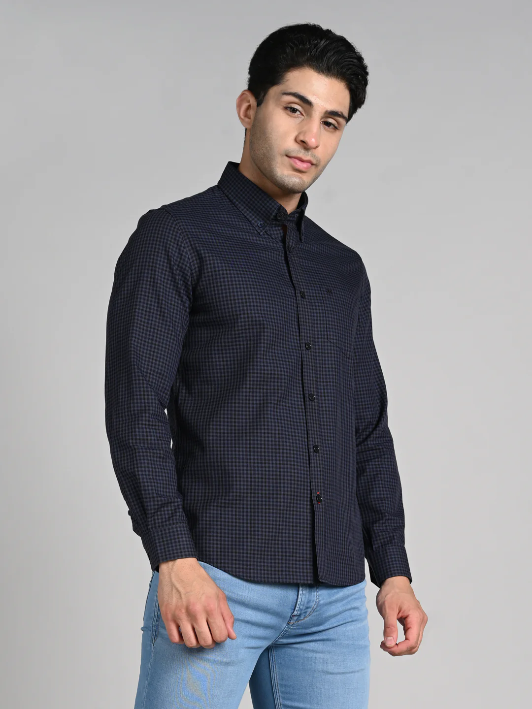 Full Sleeves Slim Fit Dark Grey Button-Down Gingham Checks Shirt - Image 5
