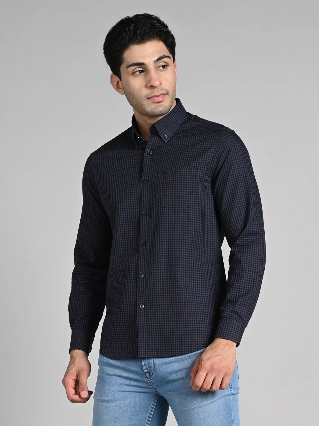 Full Sleeves Slim Fit Dark Grey Button-Down Gingham Checks Shirt - Image 6
