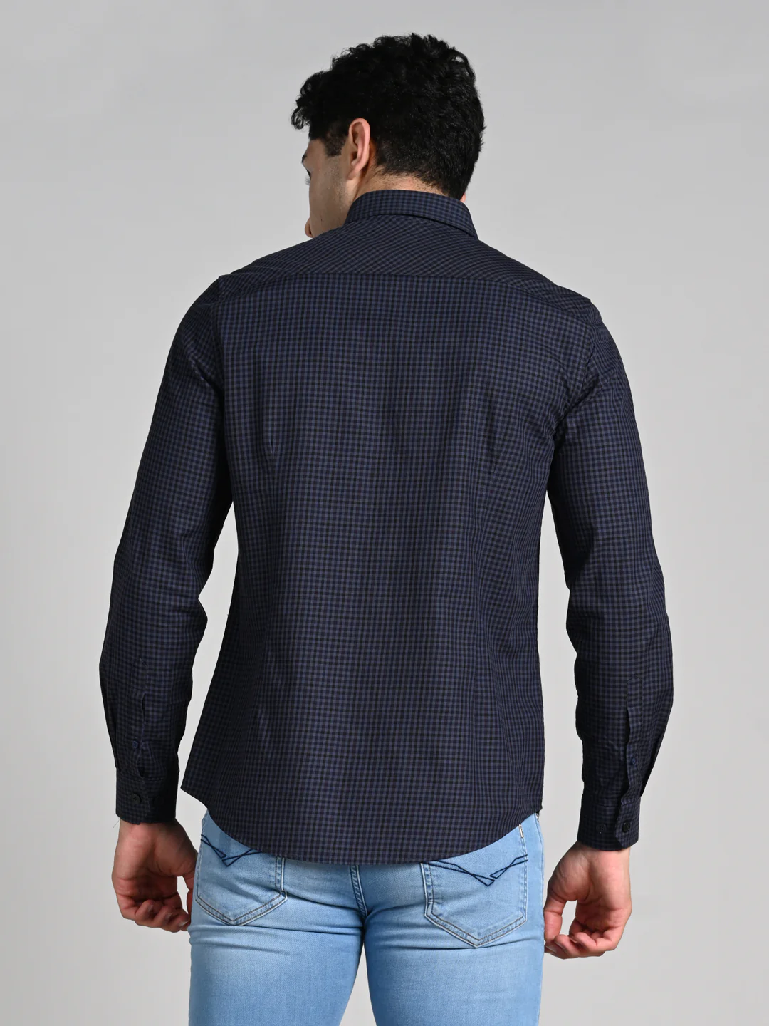 Full Sleeves Slim Fit Dark Grey Button-Down Gingham Checks Shirt - Image 7