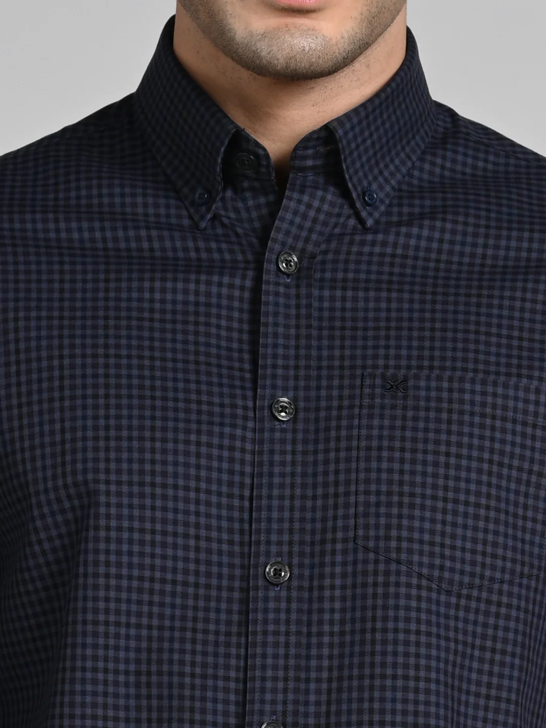Full Sleeves Slim Fit Dark Grey Button-Down Gingham Checks Shirt - Image 8