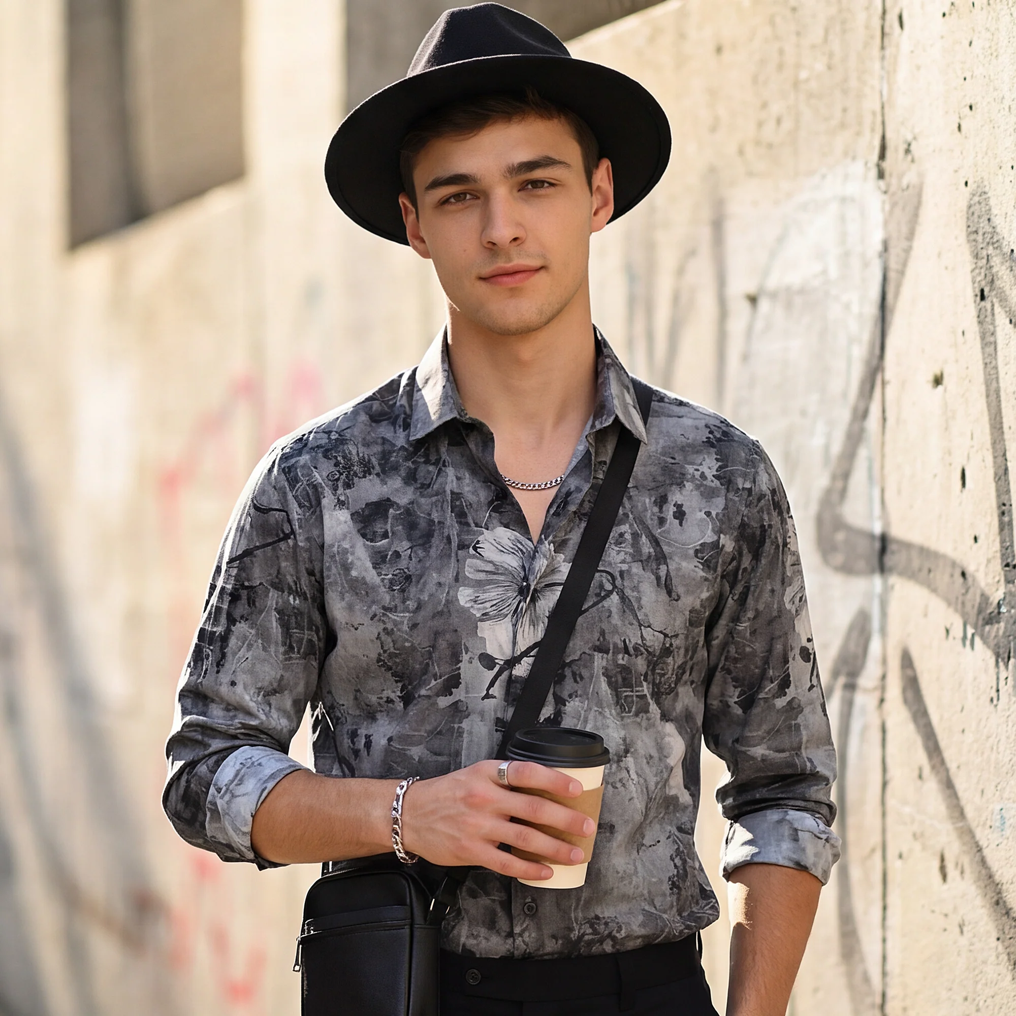 Full Sleeves Slim Fit Charcoal All-Over Grunge Floral Print Shirt - Image 2